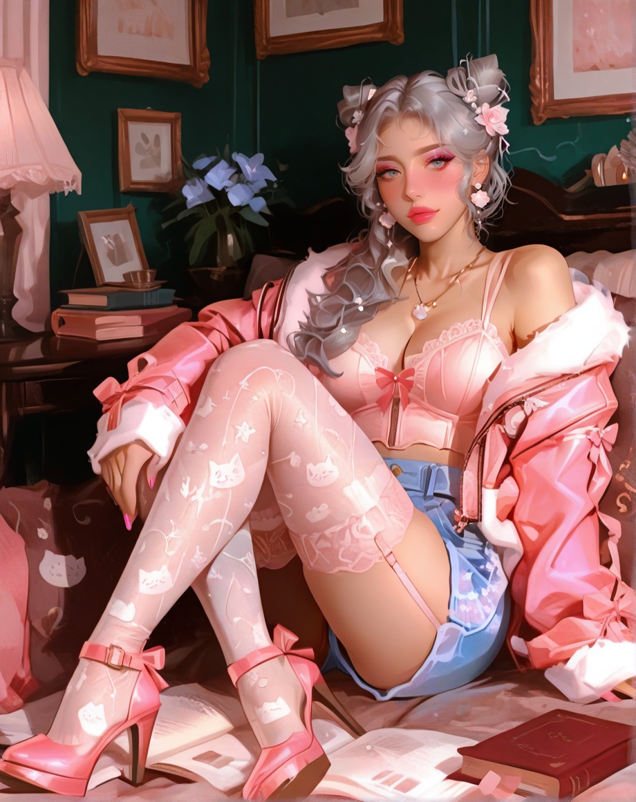 mature, 1girl, solo, long hair, looking at viewer, blush, blue eyes, hair ornament, thighhighs, long sleeves, jewelry, sitting, jacket, flower, grey hair, earrings, shorts, indoors, hair flower, necklace, hair bun, nail polish, high heels, lips, sleeves past wrists, book, fur trim, double bun, makeup, pink nails, eyeshadow, blue shorts, pink jacket, patterned thighhighs, cat print, garter with bow, fabric texture, cute trim, pastel aesthetic <lora:BurntSugar:1>