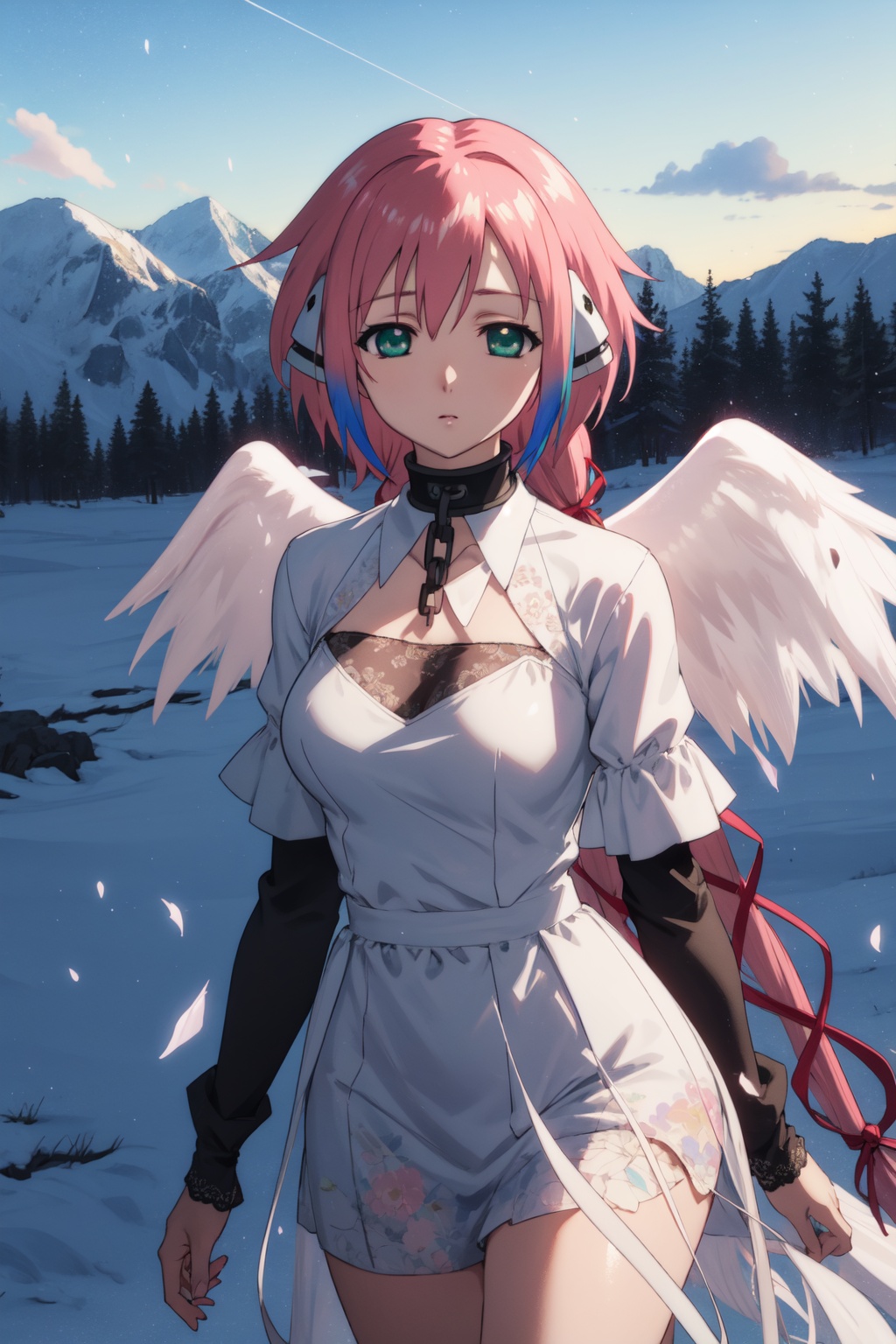 <lora:Ikaros-000009:0.8>,ikaros cyql,1girl,looking at viewer,solo,pink hair,long hair,very long hair,twintails,robot ears,hair ribbon,green eyes,collar,metal collar,chain,wings,angel wings,large breasts,Romantic tiered lace and tulle gown,drunk,bust,High above, a vast meadow stretches to the horizon, dotted with wildflowers. Cattle and sheep graze leisurely while snow-capped mountains encircle the scene in the distance,(Roses, Tea roses, Tea table, Vintage teacups, Tea party, English charm:0.5),beautiful detailed sky,beautiful detailed glow,posing in front of a colorful and dynamic background,masterpiece,best quality,beautiful and aesthetic,contrapposto,female focus,wallpaper,