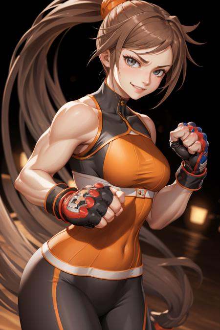 masterpiece, best quality, dnfstriker, ponytail, orange sleeveless turtleneck, black leggings, toned body, fingerless gloves, black leggings, upper body, fighting stance, fists, looking at viewer, furrowed brow, smile, gymnasium  <lora:striker-nvwls-v2-000010:0.9>