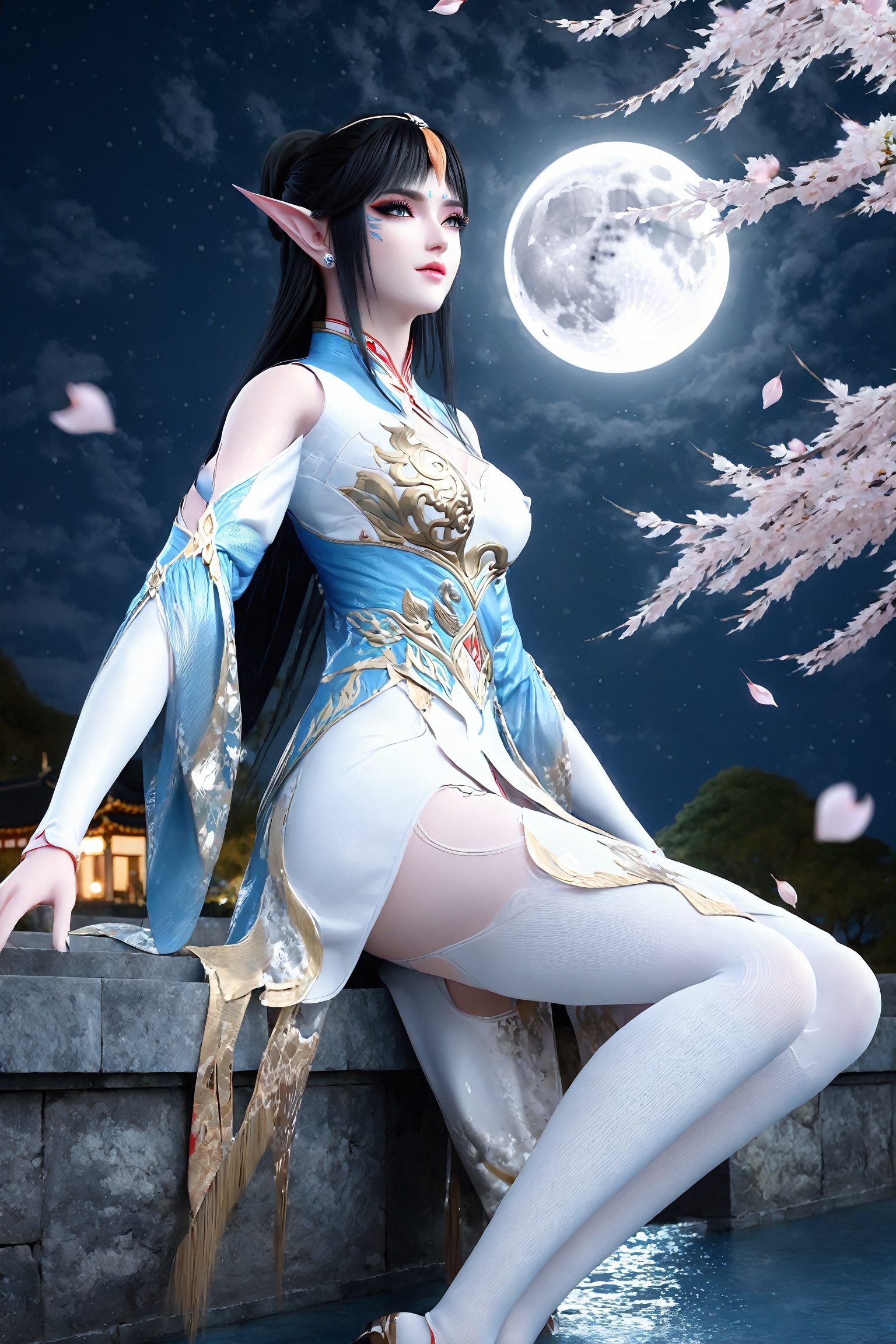 professional 3d model sitting, (hand_between_legs), dress, chinese_clothes, long_sleeves, detached_sleeves, hanfu, looking_at_viewer, (8k, RAW photo, best_quality),(highly_detailed),(masterpiece:1.2),(ultra-detailed),(extremely_detailed_cg_8k_wallpaper),(realistic:1.2),(photorealistic:1.3),(scenery, waterfall, (cherry_blossoms), (milfeulle_sakuraba), (petals, falling_petals), full_moon, moon, night, moonlight, night_sky, sky, petals, water, stone),1girl, solo, pointy_ears, black_hair, long_hair, hair_ornament,  eyeshadow, eyelashes, jewelry, earrings, makeup, thighhighs, white_legwear, fingernails,nail_polish,medium_shot,(texture_skin:1.3),(shiny_skin:1.4),(an_extremely_delicate_and_beautiful),<lora:jwh_fengqinger_dpcq_xl_1.0:0.8>, . octane render, highly detailed, volumetric, dramatic lighting