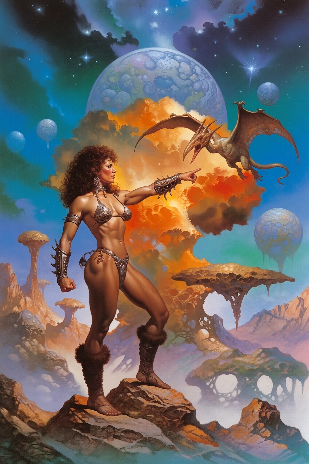 Retro sci-fi fantasy painting. A muscular,  athletic warrior woman with long curly dark hair stands triumphantly on a jagg...