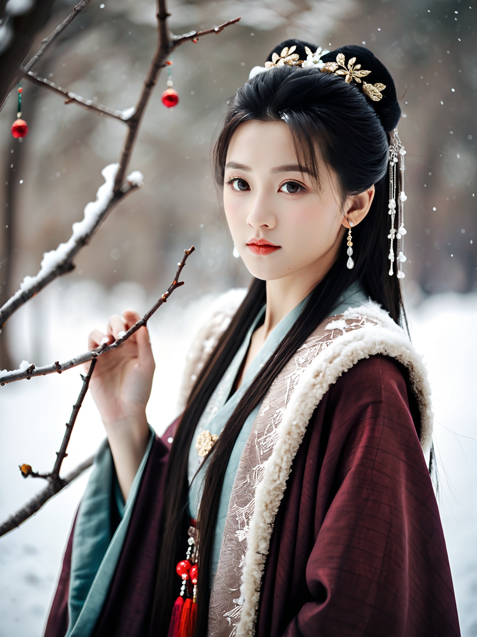 cinematic film still,bare_tree,branch,tree,snow,1girl,silk,winter,snowing,artist_name,chinese girl,wearing a hanfu head,chinese ancient hair accessories,gorgeous ornaments,. shallow depth of field,vignette,highly detailed,high budget,bokeh,cinemascope,moody,epic,gorgeous,film grain,grainy,
