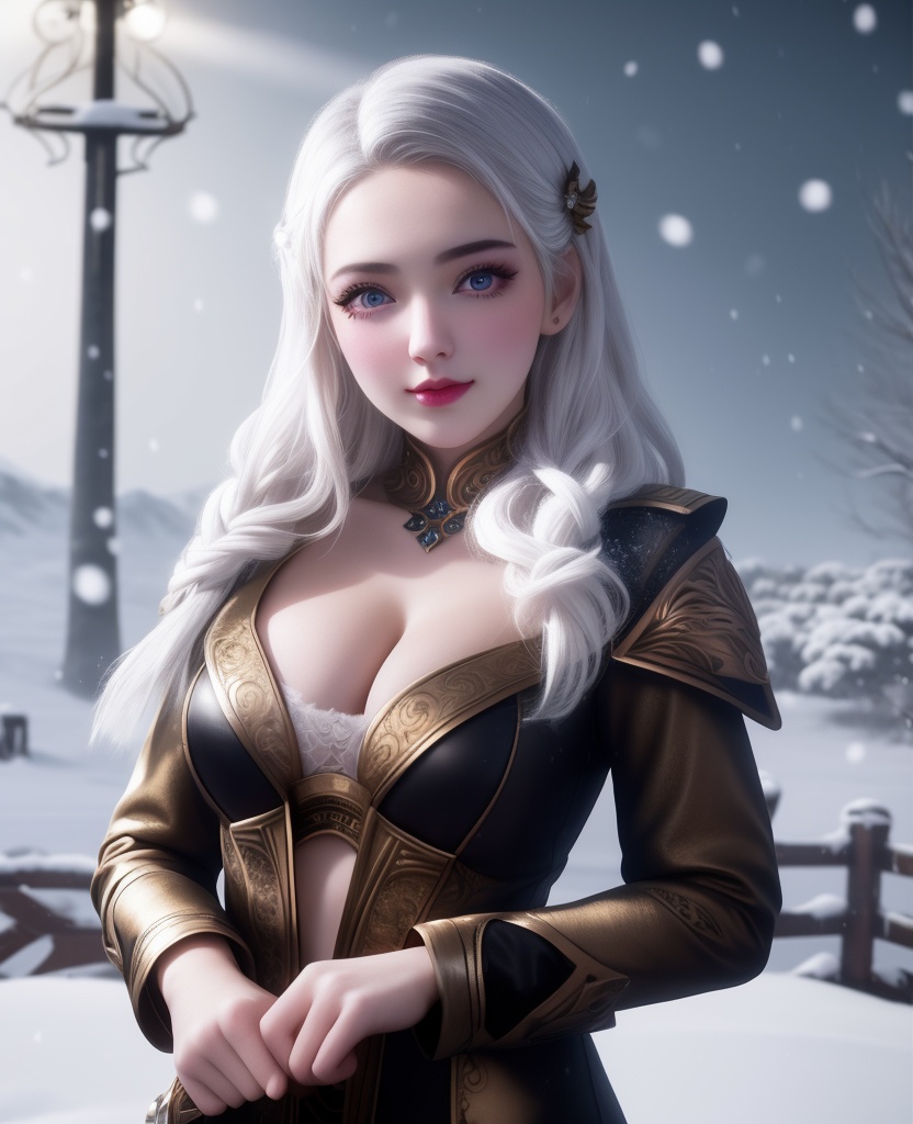 <lora:657-DA-斗罗大陆-维娜:0.8>(,1girl, ,best quality, ),looking at viewer,masterpiece, (( , )),, realistic,science fiction,mole, ultra realistic 8k cg, ,      ,outdoors, snow, snowing, ,,sunlight,, ,  ,  crescent ,  crescent rose,  black rose,       (cleavage), (),
