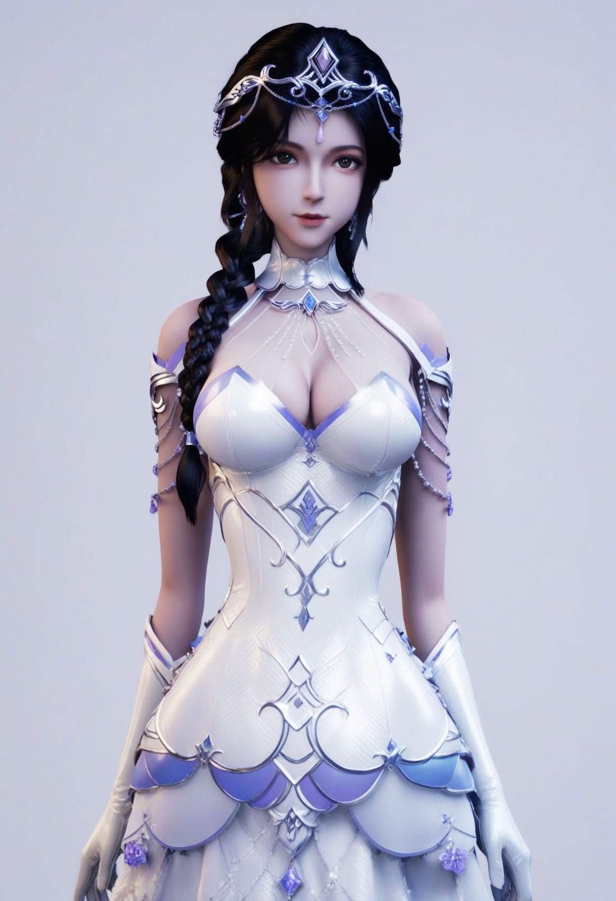 score_9,<lora:SF_BaiYue_Pony_Realism2.3-000004:0.7>,1girl,solo,hair ornament,large breasts,black hair,braid,dress,standing,gloves,looking at viewer,white background,simple background,