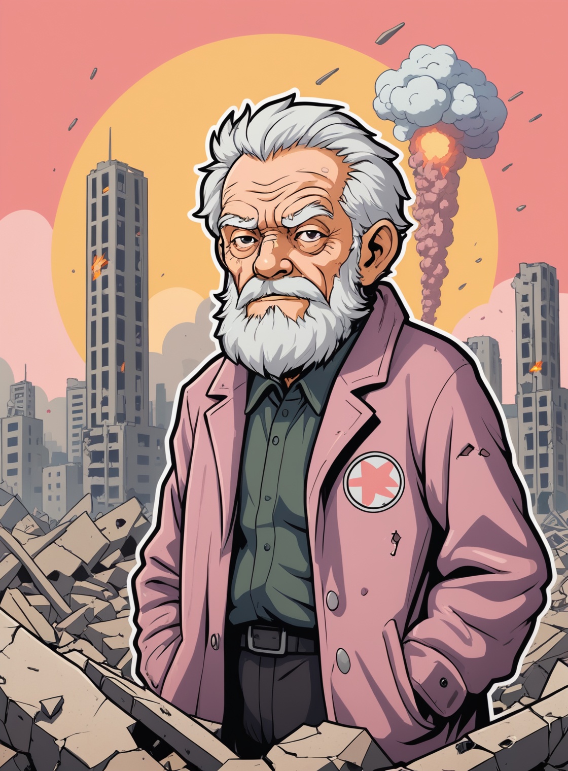 (closeup old man in a destroyed city atomic blast in the background),  Sticker,  Cute sticker on Tensor.Art