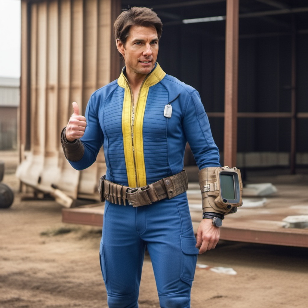 Dystopian style full body tom cruise wears a blue and yellow outfit,  a computer wrist,  a belt on Tensor.Art