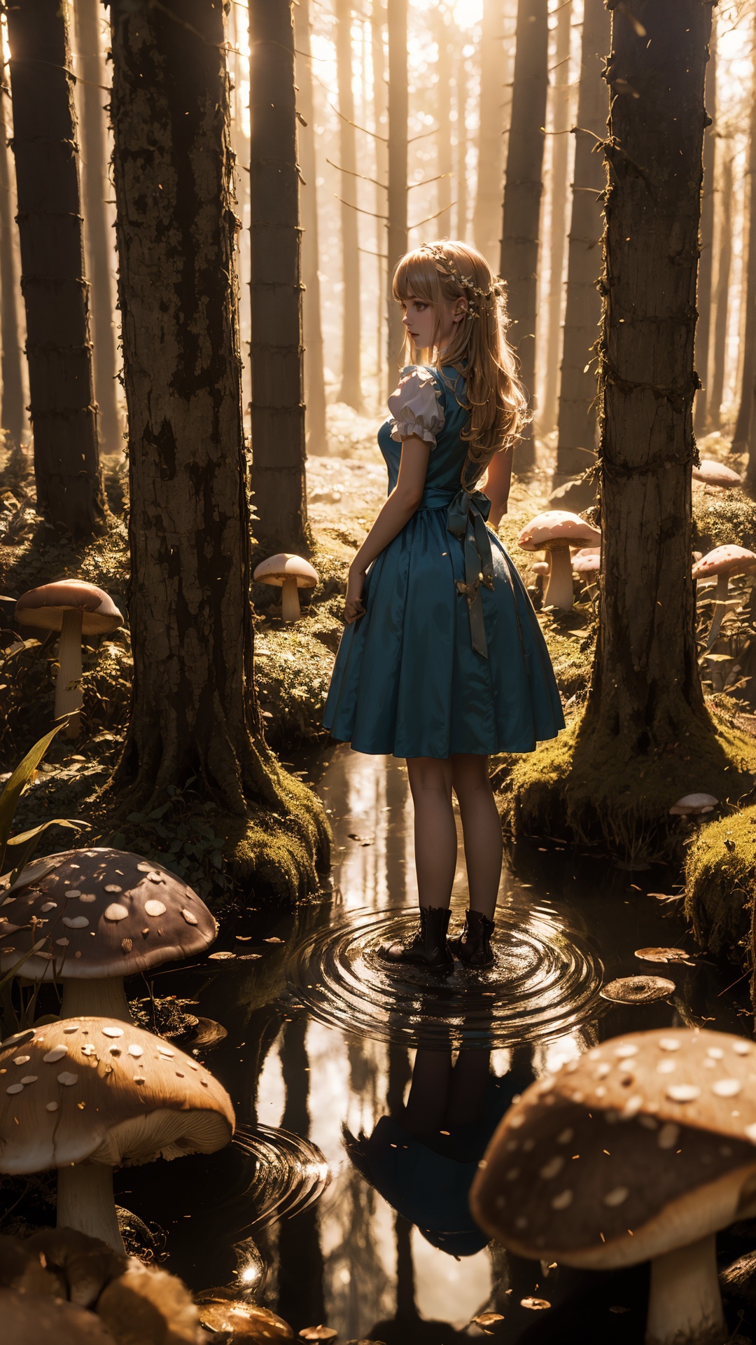 ***** Alice in wonderland standing in stream,large mushrooms in background,highly detailed,Beautiful lighting,photoreal,4k,depth of field,night scene,light from godrays shining on ground,