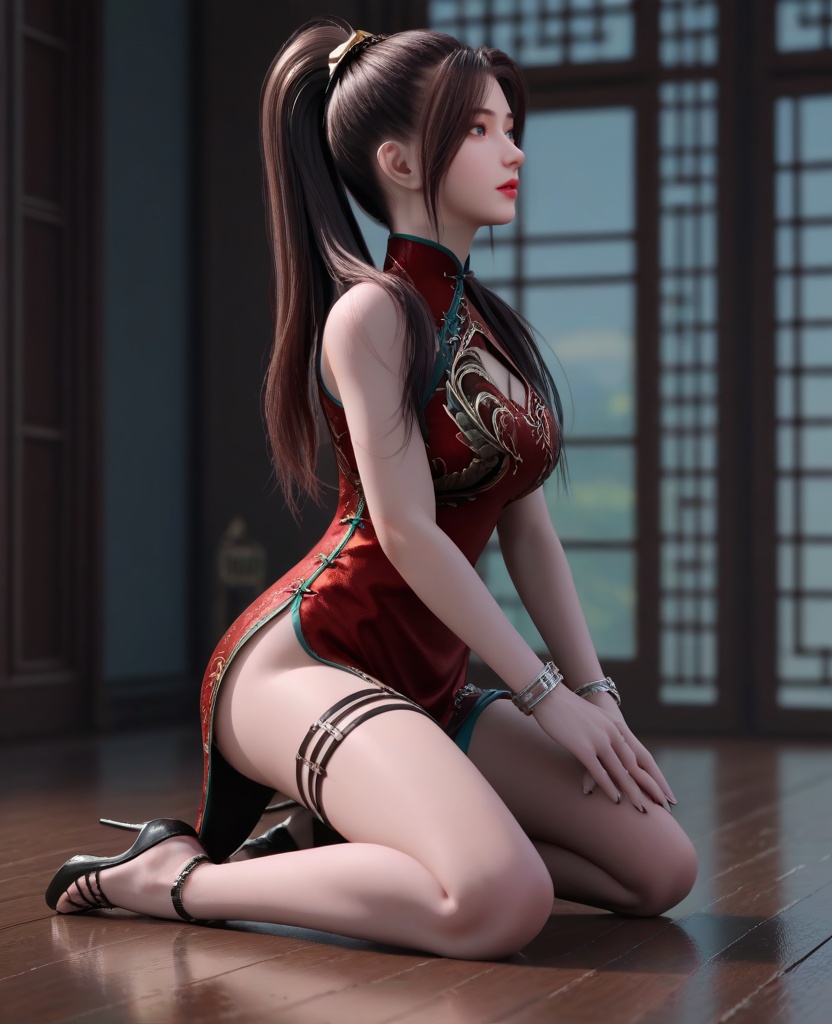 (oriental architecture, elegant decor, sophisticated style:1.1),(Kneeling with hands on the ground, looking focused:1.1),(breasts:1.2),<lora:XL16龙蛇演艺唐紫尘:0.95>,miss tangzichen,red short qipao with embroidery,blue eyes,black hair,ponytail with hair over shoulder,cleavage cutout,red lips,bracelet,jewelry,thigh loops,black high-heeled sandals,, score_9,score_8_up,score_7_up,score_6_up,score_5_up,score_4_up,3d rendering,tag1,tag2, Cinematic Lighting,backlighting,