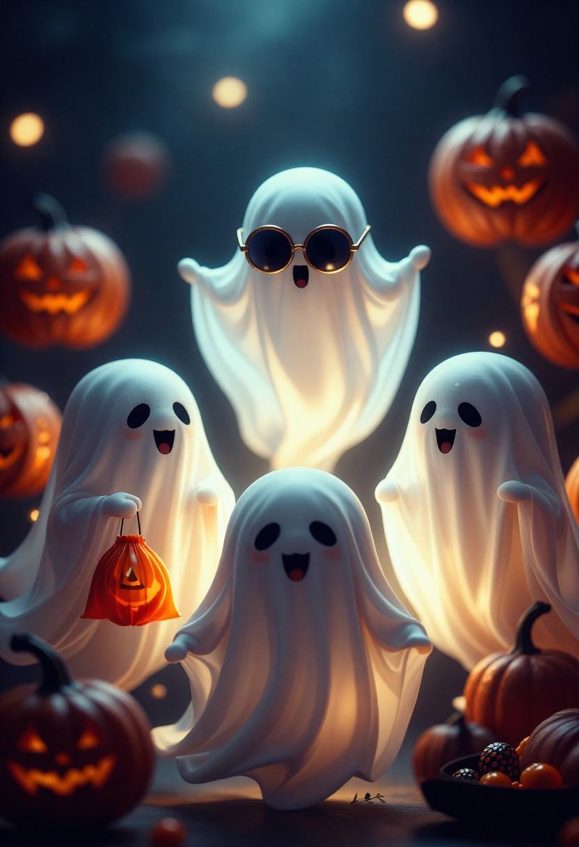tot_halloween,  a group of three small funny ghosts playing in a room,  one ghost wearing oversized round sunglasses on Te...