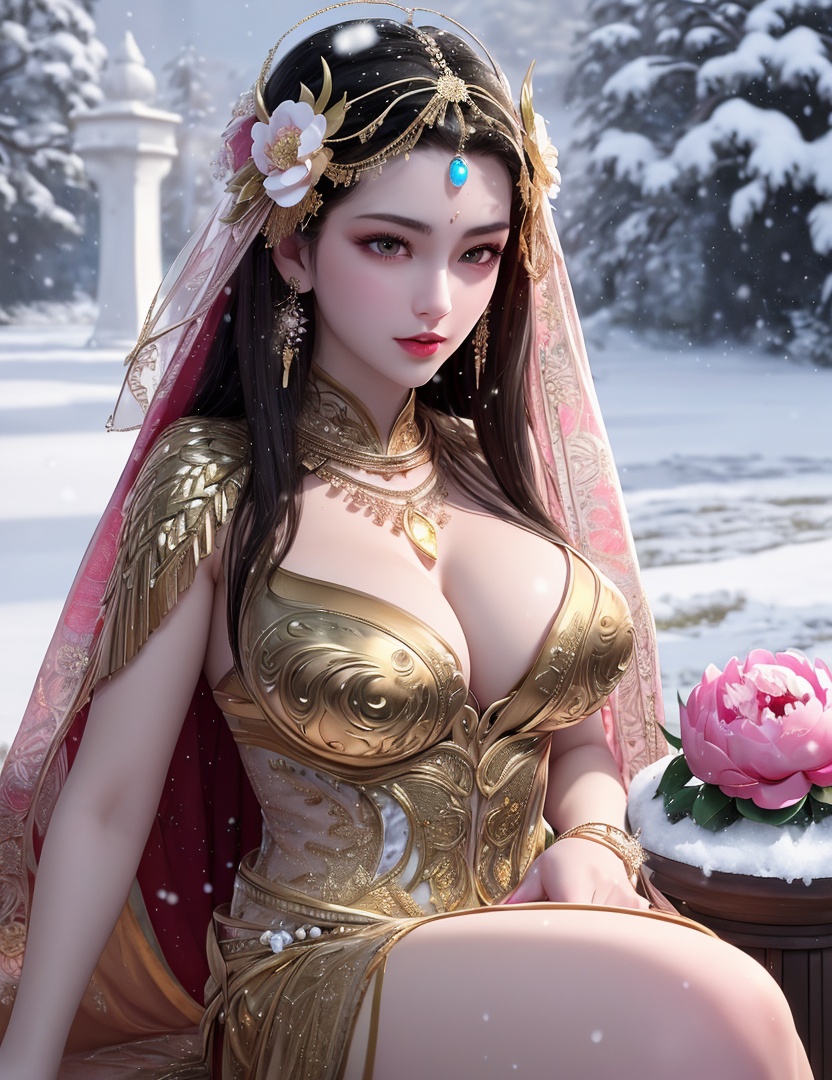 ultra realistic 8k cg, picture-perfect face, flawless, clean, masterpiece, professional artwork, famous artwork, cinematic lighting, cinematic bloom, perfect face, beautiful face, fantasy, dreamlike, unreal, science fiction,   lace, lace trim, lace-trimmed legwear, luxury, jewelry, diamond, gold, pearl, gem, sapphire, ruby, emerald, intricate detail, delicate pattern, charming, alluring, seductive, erotic, enchanting, hair ornament, necklace, earrings, bracelet, armlet,halo,autumn,((,1girl, pov,))  , ((((1girl, solo,outdoors, large breasts, snow, peony \(flower\),  ))))  <lora:DA_MuQingQing:0.6>