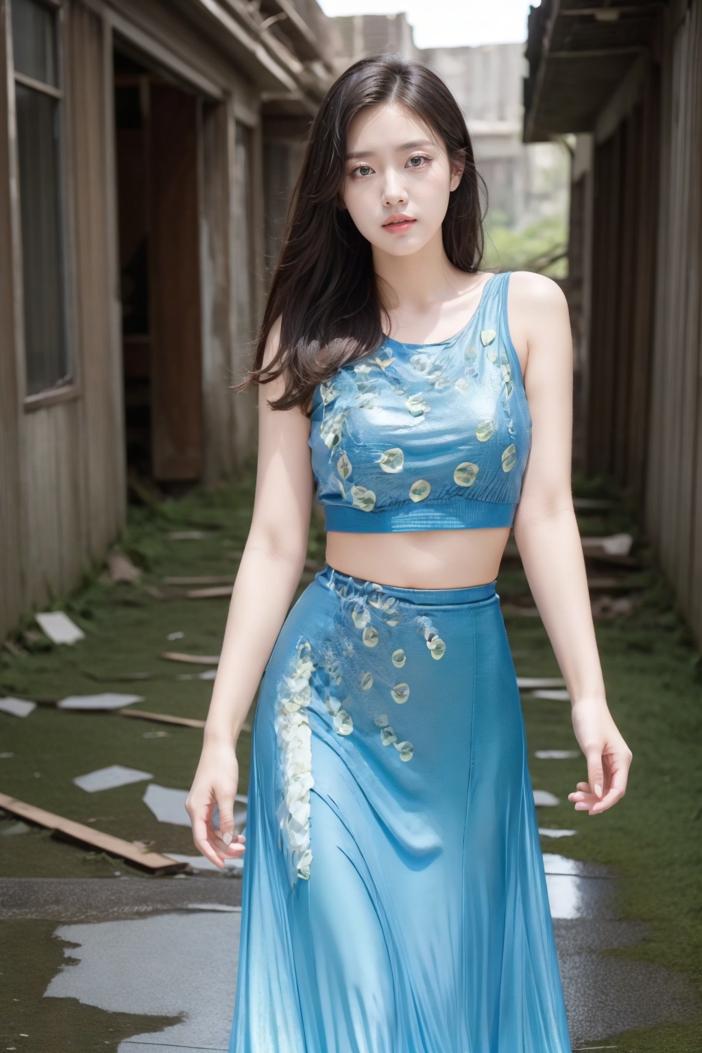 Realistic,(masterpiece:1.2),best quality,8K,HDR,RAW,depth of field,blurry,1girl, ((solo)), huge breasts, long hair, ((Ruins, abandoned, dilapidated environment, standing,  )),(looking at viewer),<lora:add_detail:0.6>,<lora:GoodHands-vanilla:1>, <lora:ENNE 蓝色短上衣+长裙_v09:1> ,blue_long skirt,cropped top,