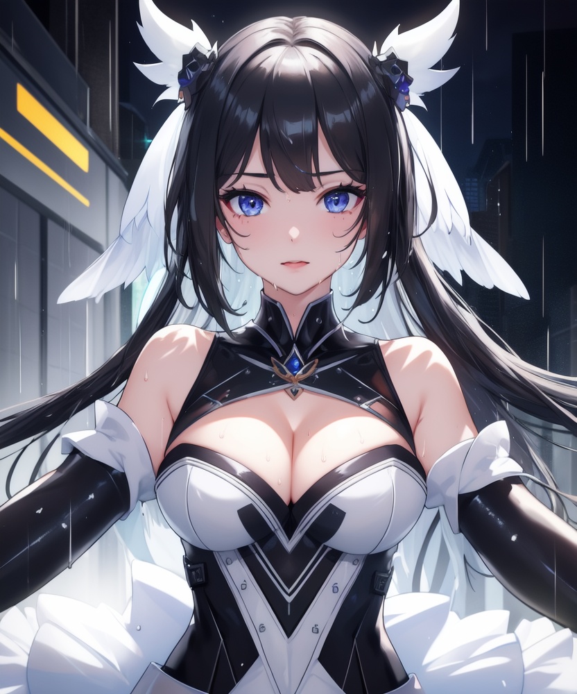 (,1girl, ,best quality, ),looking at viewer, <lora:457-DA-天启姬:0.8> ,, ,masterpiece, (( , )),,ultra realistic 8k cg, ,      ,building, bare_shoulders,cleavage cutout, eyelashes,magic,hydrokinesis,sweat, wet, rain, ,       (cleavage), (),
