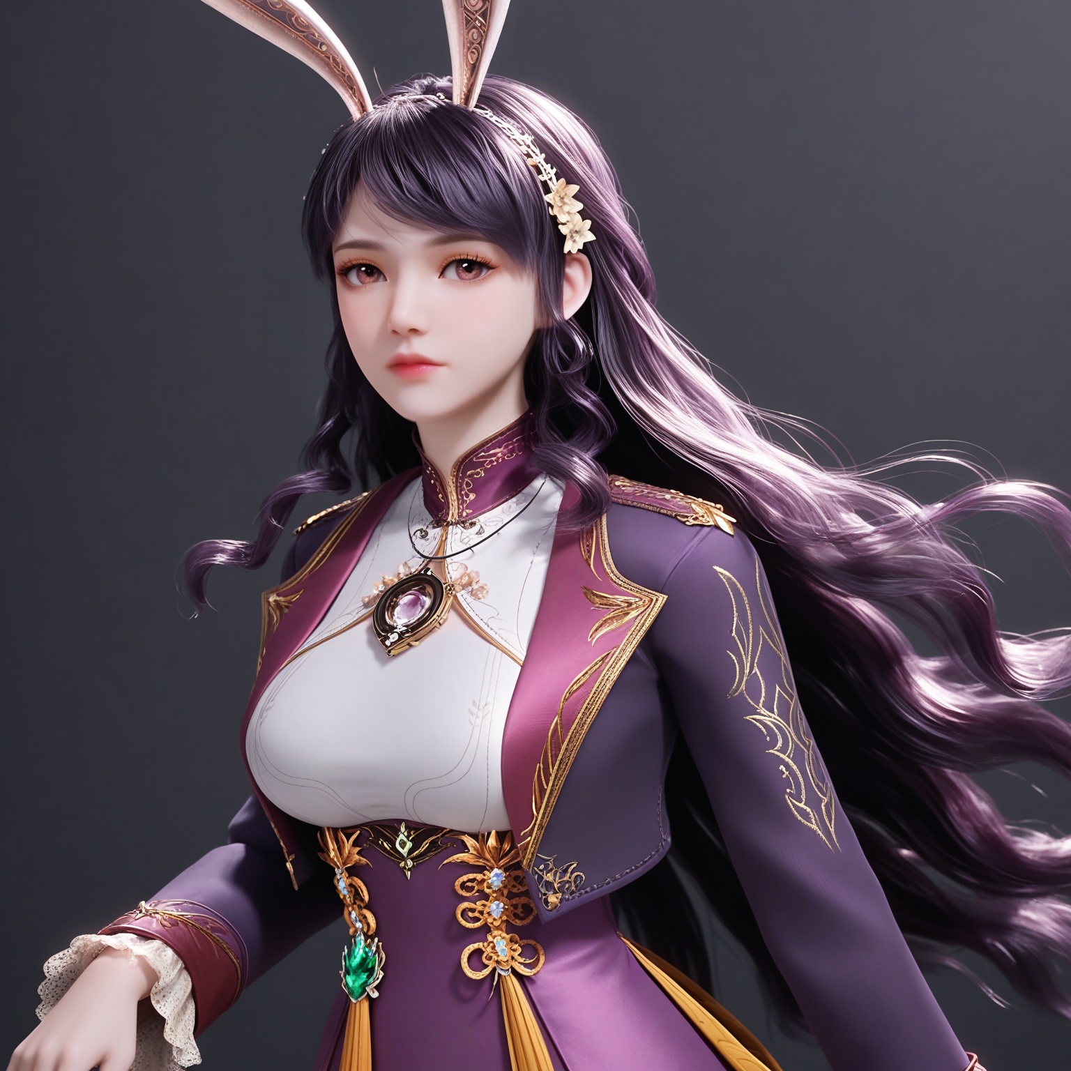 (upper_body:1.1),(huge breasts:0.9),71.<lora:YQponyjiangnannanV2:0.8>,(q1528437228:1.3),solo,1girl,long_hair,black_hair,brown_eyes,realistic,brown_hair,hair_ornament,rabbit_ears,animal_ears,jewelry,flower,hair_flower,hairband,skirt,long_sleeves,fake_animal_ears,purple_skirt,tiara,very_long_hair,anklet,crown,necklace,pantyhose,thighhighs,gem,purple_dress,,blush,(looking_at_viewer:1.1),BREAKintricate details,shiny_skin,solo focus,(blurry background:1.1),(depth of field:1.1),perfect_anatomy,(cinematic lighting:0.9),(volumetric lighting:0.9),(simple background,pure black background,black background:1.1),