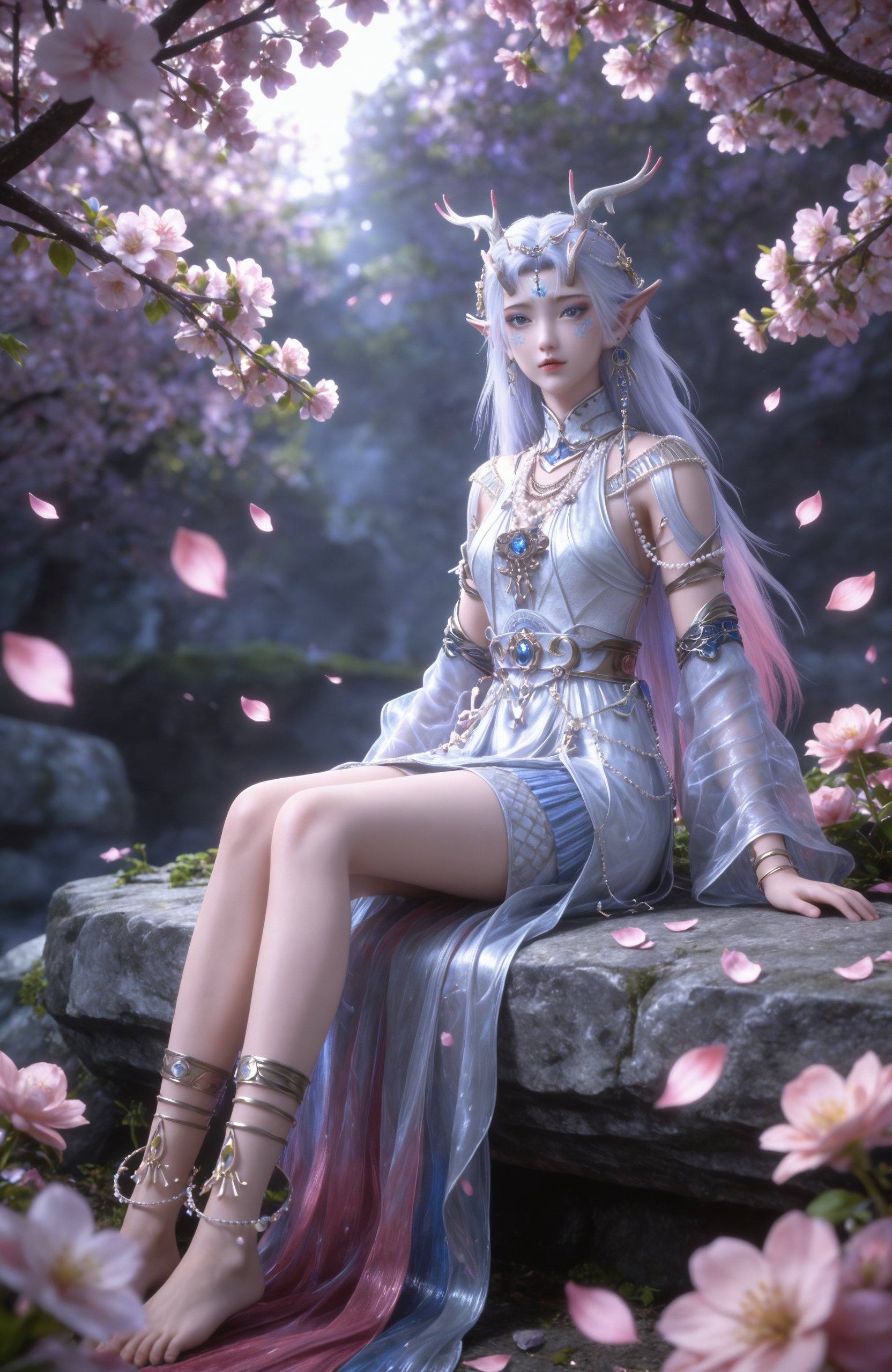 <lora:神墓3-封念雪长角-Pony:0.7> 1girl, long hair, pointy ears, antlers, white hair,  hair ornament, necklace, facial mark, white dress, armlet, detached sleeves, blue eyes, bracelet.anklet,barefoot,, masterpiece,best quality,amazing quality,very aesthetic,high resolution,ultra-detailed,absurdres,scenery,photorealistic,looking at viewer,moody lighting,peach blossom,falling petals,realistic,photorealistic details,, realistic style,white background,upper body,looking at viewer,dynamic posture,, stairs,pink flower,bare legs,toes,barefoot,blurry,sitting,full body,