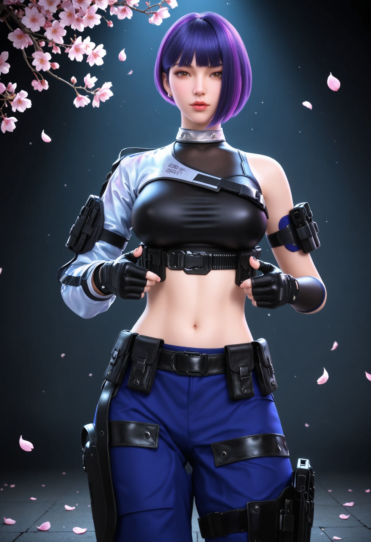 (cowboy shot:1.2),(gigantic breasts:0.6),Perky boobs,(looking at viewer:1.1),facing viewer,direct gaze,(masterpiece:1.1),(best quality:1.2),(intricate details),(smog:1.3),(Dark room:1.3),(dim lighting:1.3),peach blossom,falling petals,<lora:YQ_Illustrious光辉v5_雨墨_V1:0.8>,1girl,q1528437228,solo,short hair,purple hair,crop top,gloves,pants,belt,boots,holster,blunt bangs,police uniform,multicolored hair,jewelry,earrings,belt pouch,brown eyes,knee pads,thigh holster,masterpiece,(best quality),(intricate details:0.9) BREAK (intricate details:0.9),(realistic skin:1.2),masterpiece,best quality,newest,absurdres,hiahres,