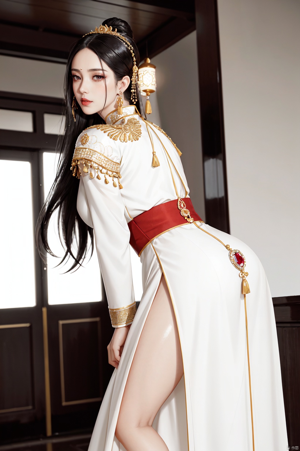 ((close-up, chinese clothes, hanfu, Indoor, palace, luxury, ancient architecture, Roman columns, from behind, from below, Indoor, lobby, (Roman columns,magnificent palace,), reliefs,)), Realistic style, cinematic work, 8K wallpaper, masterpiece, very realistic quality, best quality, masterpiece, high-level, high-resolution,,,Edge lighting, dual tone lighting, soft lighting, The illuminated surface of the material has bright spots and highlights, which flicker and have a mirror effect when reflected, There are sparkling spots on the armor,,,1 girl, mature female, solo, looking at viewer, lace, strong rim light, colorful,(detailed skin: 1.3), (detailed face: 1.3),clear focus,delicate,(mature women: 1.2),(glossy skin+glossy skin: 1.4),(sweating: 1.1),(big_eyes),red_ eyeshadow,long_ Eyelashes, red lips,,,simple background, grey background,,,(Diamond hair accessories, diamond necklaces, diamond earrings, diamond earrings, clothes embedded with diamonds, armor embedded with diamonds,:1.3)<lora:EMS-889-EMS:0.600000>, <lora:EMS-328443-EMS:0.100000>