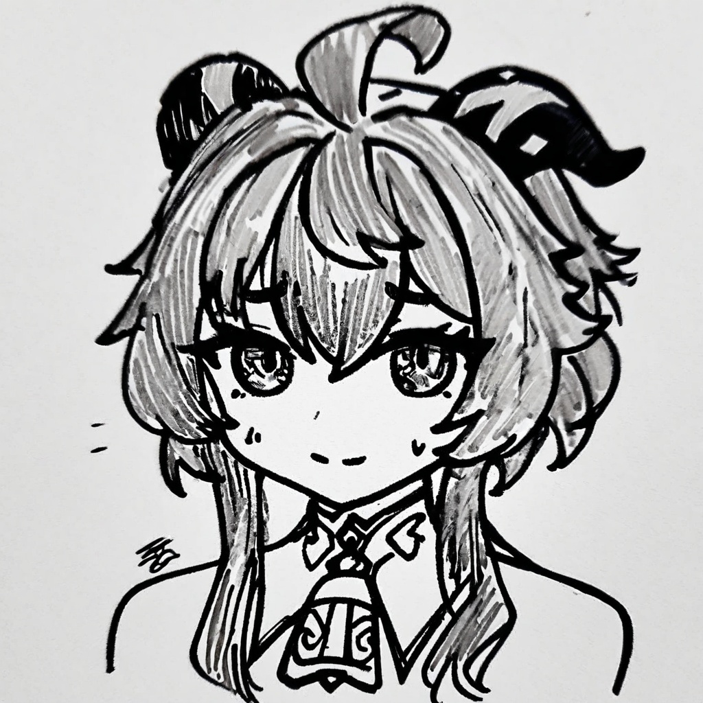 <lora:style52-a31-000018:1>,1girl, horns, monochrome, solo, greyscale, ganyu (genshin impact), sketch, smile, looking at viewer, bangs, white background, ahoge, long hair, portrait, hair between eyes, simple background, closed mouth, bell, goat horns, neck bell, sweatdrop, curled horns, sweat, signature