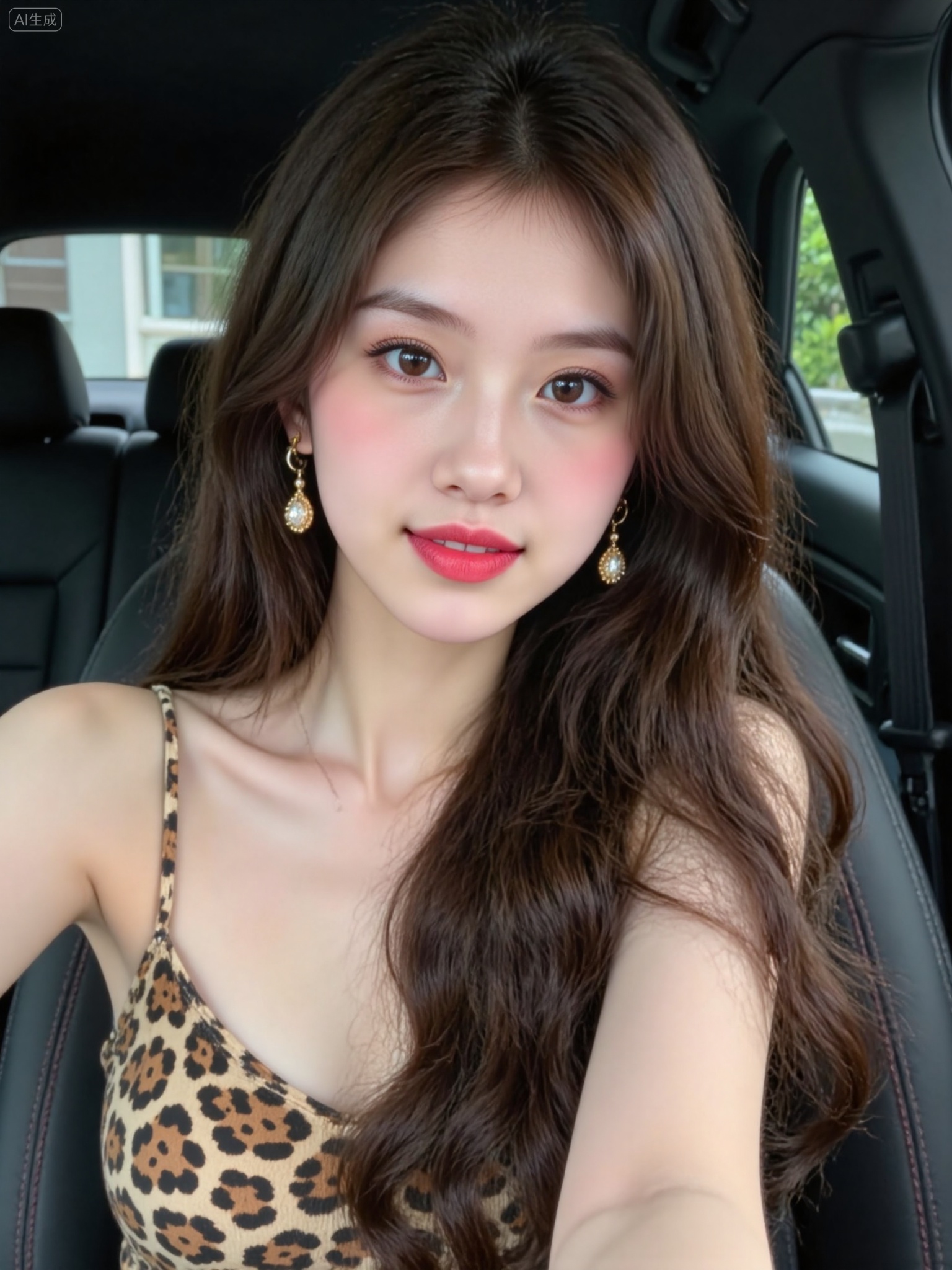 photograph of a young asian woman with long, wavy brown hair, fair skin, and delicate features, sitting in a cars backseat, she has large, expressive brown eyes, subtly blushed cheeks, and red lipstick, she wears a leopard-print dress with thin straps and gold, dangling earrings, her right arm rests on the car seat, slightly raised, the cars interior is dark, with black leather seats and a faint view of a window outside, the lighting is natural, highlighting her smooth skin and the texture of her dress, the overall composition focuses on her face and upper body, creating an intimate, casual atmosphere, Negative prompt: ng_deepnegative_v1_75t,(badhandv4:1.2),EasyNegative,(worst quality:2),,nsfw, Steps: 30, Sampler: Euler, CFG scale: 3.5, Seed: 3592521647, Size: 768x1024, Model hash: 0734f0ab2a, Model: F.1 模型下载版-黑暗森林工作室_fp16.sft, Denoising strength: 0.75, RNG: CPU, Lora 1: F.1-南音浅浅-网感女生自拍照03, Lora Hash 1: 9ce35b7e07, Lora Weight 1: 0.8, vae_name: automatic, Hires resize: 1536x2048, Hires steps: 30, Hires upscaler: R-ESRGAN_4x+