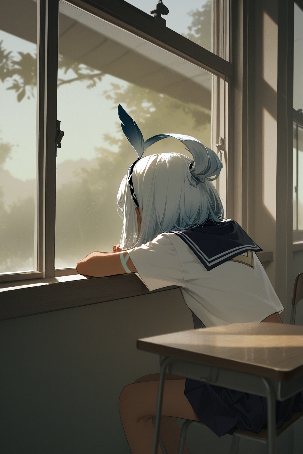 masterpiece,best quality,absurdres,(dino_(dinoartforame):0.5),(yoneyama mai:0.5),1girl,mualani \(genshin impact\),school uniform,sit at the table by the window,lean on the window,
