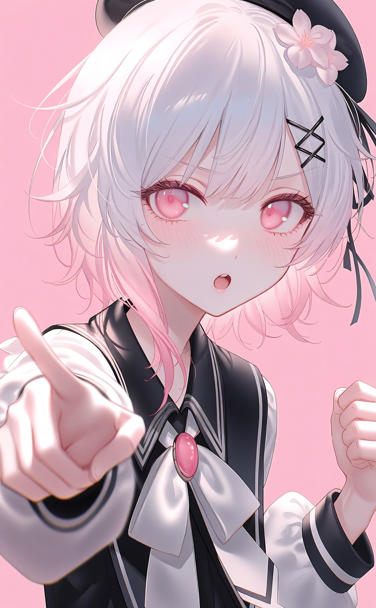 masterpiece,absurdres,best quality,loli,petite,high quality,//,sakuraba_ema,1girl,solo,hair_ornament,ribbon,pointing_at_viewer,hat,hair_flower,flower,pointing,multicolored_hair,black_headwear,white_hair,blush,open_mouth,black_ribbon,pink_eyes,white_bowtie,long_sleeves,beret,clenched_hand,pink_hair,x_hair_ornament,hair_ribbon,looking_at_viewer,gradient_hair,white_background,sailor_collar,shirt,cropped_torso,upper_body,white_ribbon,colored_tips,neck_ribbon,white_flower,bowtie,foreshortening,collared_shirt,virtual_youtuber,brooch,white_bow,index_finger_raised,sleeve_cuffs,simple_background,:o,puffy_long_sleeves,pink_flower,bow,white_shirt,pink_background,black_sailor_collar,medium_hair,puffy_sleeves,sidelocks,//,photorealistic,Artist:na-ga,(quasarcake:0.2),(wanke:0.9),[Artist:chen bin],Artist:tidsean,[Artist:sk (askzy)],(artist:tokkyu:0.5),(artist:momoko \(momopoco\):0.5),himitsu_(hi_mi_tsu_2),//,<lora:sakuraba_ema——【noob】hans:0.8>,<lora:nyalia4——【noob】hans:0.4>,<lora:nai4zhengliu3——【noob】hans:0.4>,<lora:MAQ1118——【noob】hans:0.4>,