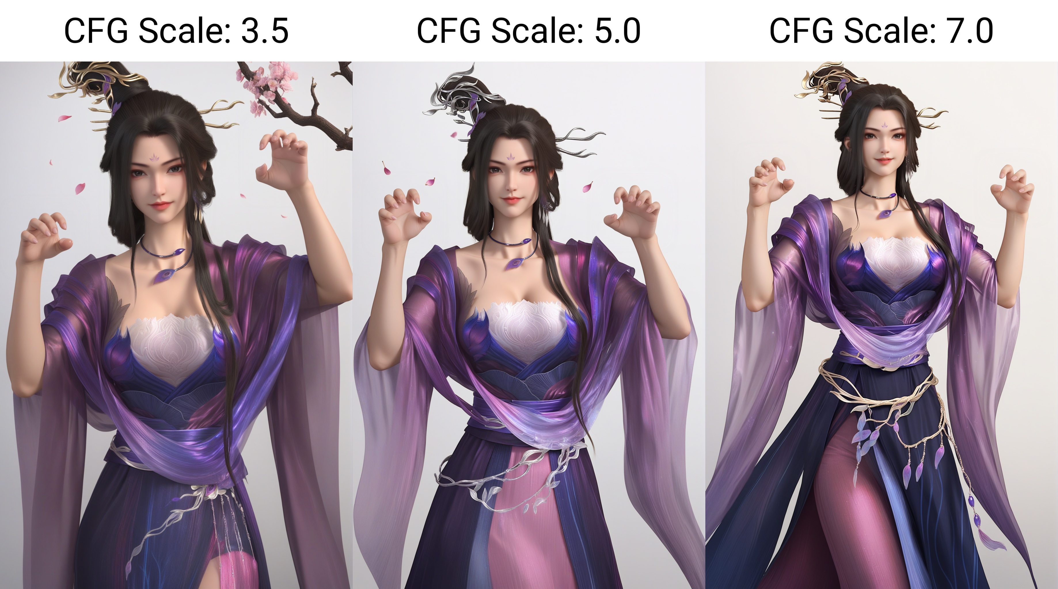 (score_9),collarbone,(glamor:1.1),narrow waist,<lora:风秋雨pony-v2:0.82>,1girl,solo,long hair,black hair,hair ornament,updo,earrings,forehead mark,light blush,light smile,see-through,jewelry,choker,layered dress,flowing long gown,sheer ruffled sleeves,large breasts,(claw_pose:1.1),(paw_pose),purple sash,waist sash,long skirt,BREAKlooking at viewer,front view,cowboy shot,standing,thighs,simple background,white background,twig,branch,falling petals,masterpiece,best quality,absurdres,highres,hd,letterboxed,