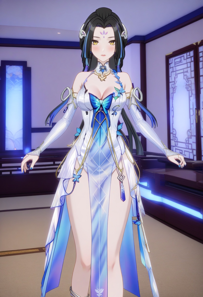 nanyin2, 1girl, solo, submit, blush, black long hair, two-tone hair, streaked hair, yellow eyes, bare shoulders, white dress, see-through, anklet, cleavage, detached sleeves, breasts, barefoot, feet, toes, [blue nails], [nail polish],close up, pov, [pale skin], standing, indoors,  <lora:nanyin-2:0.8>