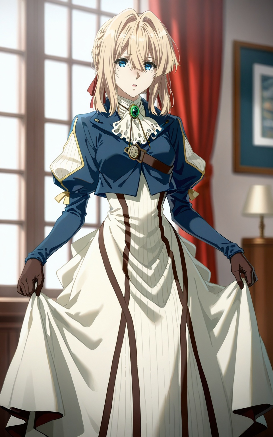 depth of field,masterpiece,best quality,very aesthetic,alternate costume,alternate costume,2024,2023,perfect composition,ultra-detailed,extreme aesthetic,(quasarcake:0.7),masterpiece,best quality,good quality,newest,year 2024,year 2023,very aesthetic,absurdres,looking_at_viewer,colorful,<lora:薇尔莉特ILL:0.8>,violet evergarden,blonde hair,blue eyes,short hair,hair ribbon,red ribbon,braid,braided bun,french braid,braided bun,weimei white ascot,weimei green gem brooch,weimei blue and white jacket,weimei juliet sleeves,weimei puffy sleeves,weimei cropped jacket,weimei brown gloves,weimei high-waist skirt,weimei long skirt,weimei skirt hold,1girl,solo,window,white ascot,curtains,indoors,jewelry,looking at viewer,lapel pin,open mouth,medium hair,standing,