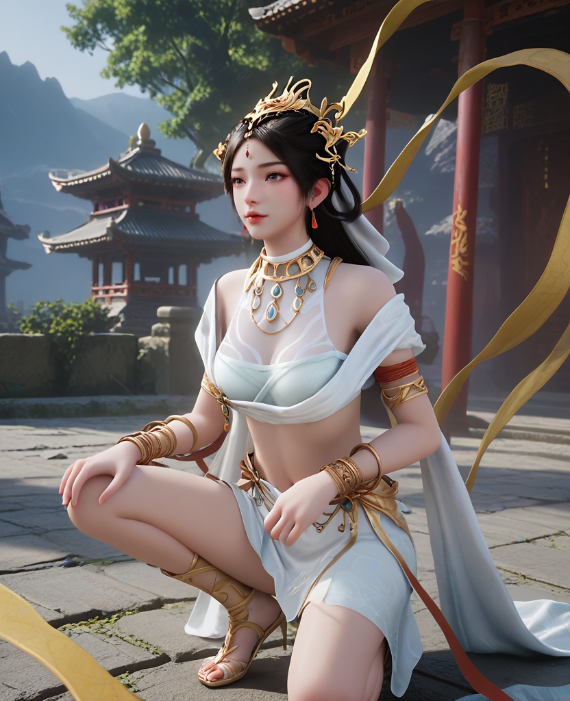 (oriental architecture, elegant decor, sophisticated style:1.1),(Crouching on the ground,:1.1),(breasts:1.2),<lora:XL16遮天瑶池圣女:0.95>,miss yaochi,sarashi,cleavage mesh,choker,white wrap skirt,silk shawl,grey eyes,black hair,long hair,hair ornament,jewelry,earrings,forehead pendan,armlet,bracelet,white headscarf,, score_9,score_8_up,score_7_up,score_6_up,score_5_up,score_4_up,3d rendering,tag1,tag2, Cinematic Lighting,backlighting,