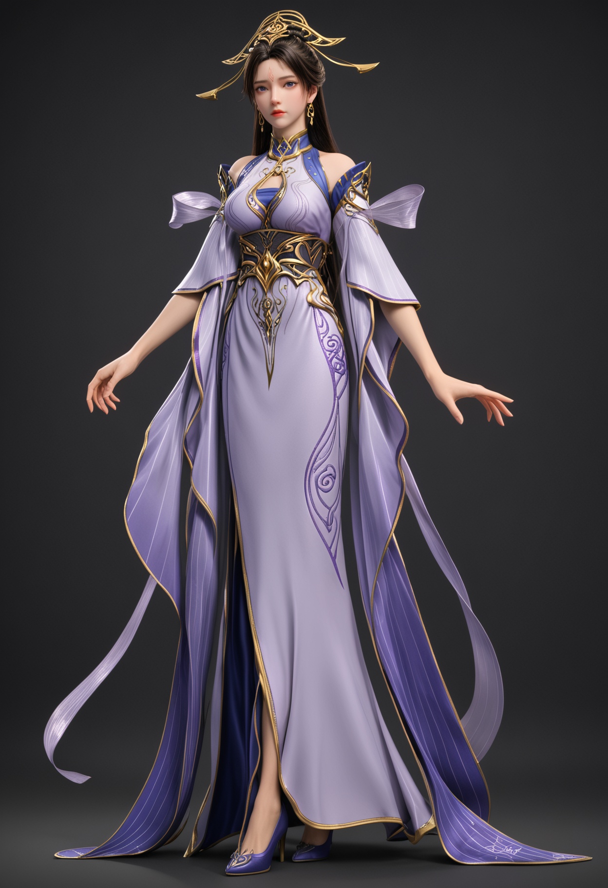 (standing full_body:1.1),score_9,score_8_up,masterpiece,(best quality),intricate details,facing viewer,(looking at viewer:1.1),<lora:YQ_pony_chuxuaner_fuzhaung4_V4:0.8>,q1528437228,1girl,solo,long hair,hair ornament,jewelry,earrings,black hair,dress,forehead mark,blue eyes,brown hair,detached sleeves,hair bun,chinese clothes,sash,wide sleeves,high heels,pantyhose,ponytail,long sleeves,shoes,black pantyhose,purple eyes,stiletto heels,blue footwear,BREAK(score_9:1.2),(score_8_up:1.2),masterpiece,best quality,very aesthetic,perfect anatomy,(hourglass),perfect face,(simple background,pure black background,black background:1.1),fair_skin,(shiny_skin:1.1),Ivory_skin,