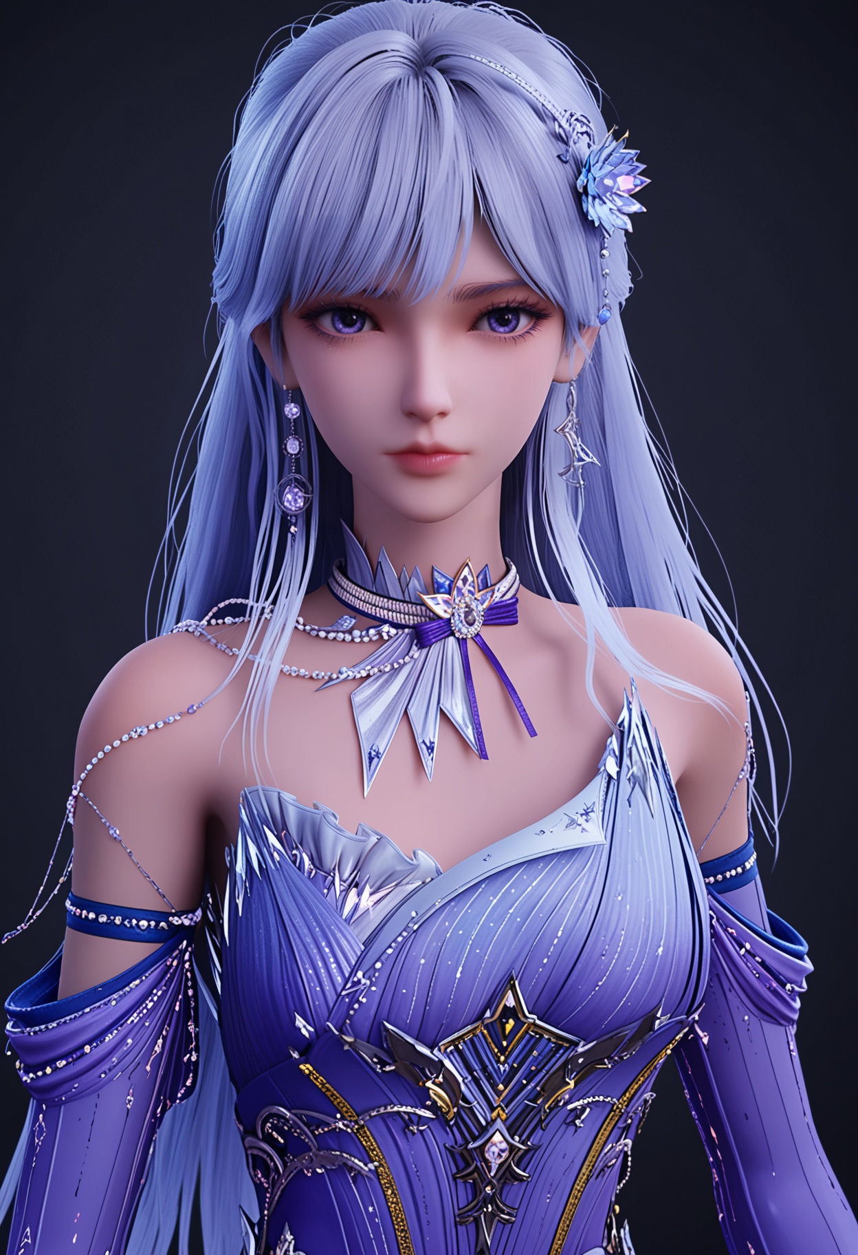 (upper_body:1.2),(looking at viewer:1.1),facing viewer,direct gaze,<lora:YQ_pony_shengcaier_fuzhuang6_V4:0.8>,q1528437228,1girl,solo,long hair,jewelry,hair ornament,earrings,dress,purple eyes,white hair,choker,high heels,necklace,blue hair,blue eyes,purple hair,BREAK simple background,pure black background,black background,perfect anatomy,