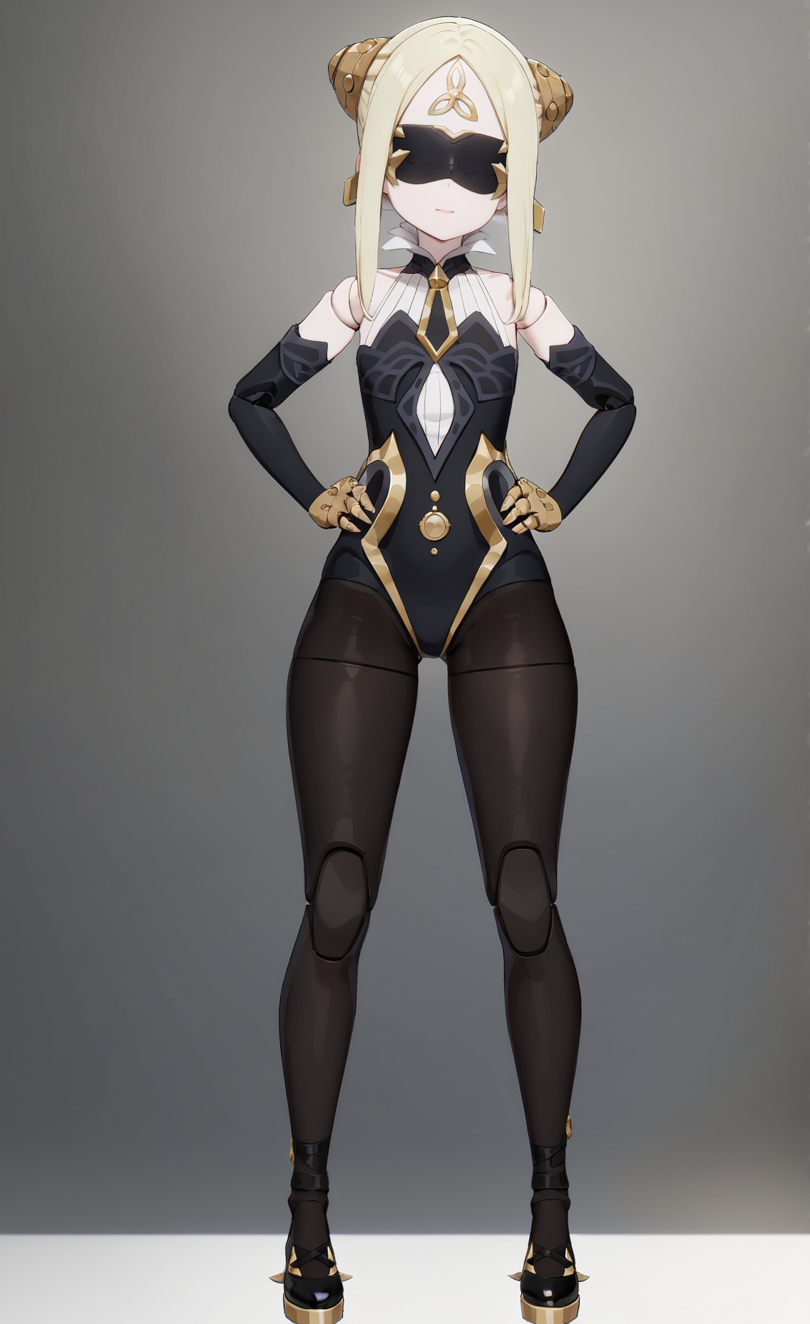 8k, best quality, masterpiece, (ultra-detailed), (high detailed skin), (white background:1.3), (full body:1.3), (white background), standing, looking at viewer, (solo), hands on hips, <lora:qianren-A3-Tanger-000010:0.7>, qianren, qianren's def clothes, 1girl, blindfold, blonde hair, pantyhose, joints, black shoes, (beautiful_face), ((intricate_detail)), clear face, ((finely_detailed)), fine_fabric_emphasis, ((glossy)), full_shot, 