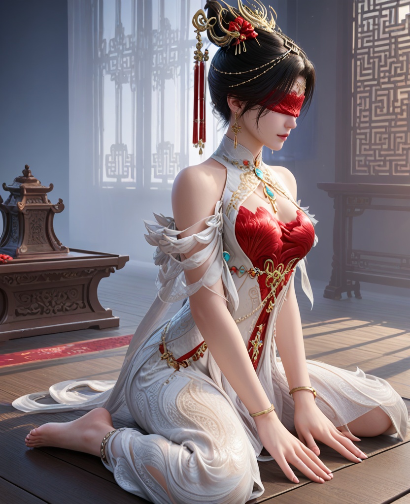 (oriental architecture, elegant decor, sophisticated style:1.1),(Sitting cross-legged on a mat, meditating,:1.1),Sarcastic,(breasts:1.2),<lora:XL16永劫无间宁红叶赤皓新囍白:0.95>,miss ninghongye,white dress with red corset,blindfold,black hair,traditional chinese updo,hair ornament,earrings,jewelry,bare shoulders,, score_9,score_8_up,score_7_up,score_6_up,score_5_up,score_4_up,3d rendering,tag1,tag2, Cinematic Lighting,backlighting,