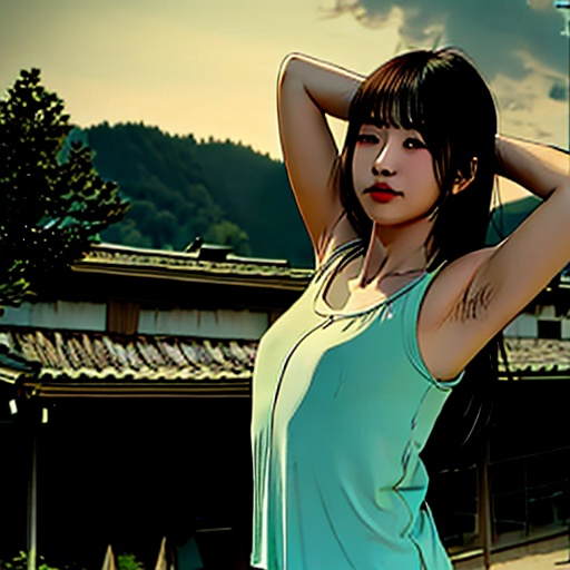 mj,<lora:mj_v1.0:0.8>,1girl,old,solo,masterpiece,best quality,A Green Hill Far Away,:),presenting armpit,ass focus,Stretching,cloud,