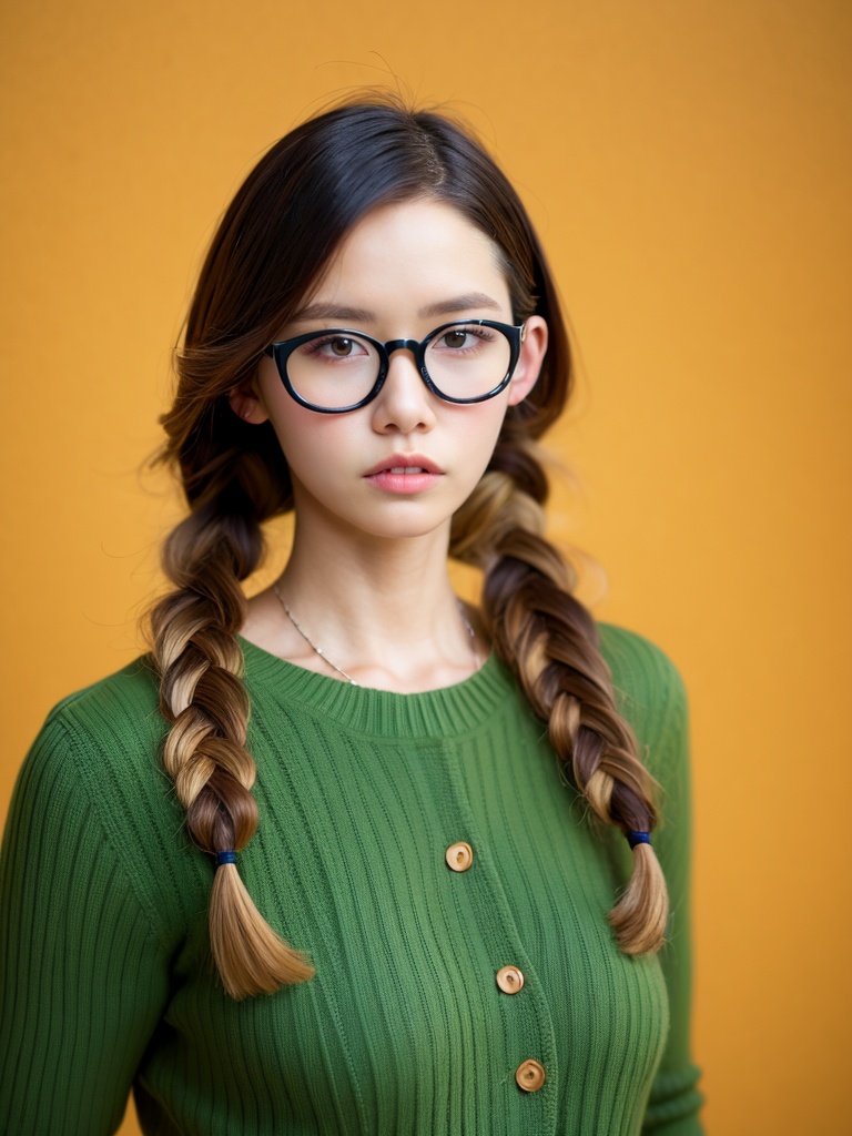1girl, solo, adjusting eyewear, realistic, green sweater, looking at viewer, long hair, sweater, asian, twin braids, braid, long sleeves, green cardigan, shirt, brown hair, lips, tinted eyewear, upper body, mole, photorealistic, brown eyes, necklace, pink-tinted eyewear, glasses, black shirt