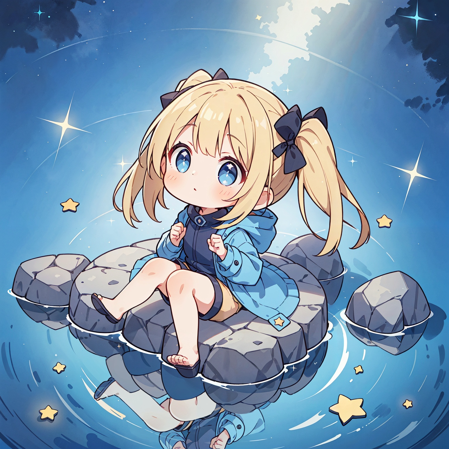 1girl,blonde hair,blue eyes,very long twin tails,((looking up)),(from side),sitting,rocks,river,((reflection,night,star_(sky))), hand up, (full body,mid shot,depth of field),(from above),dark_blue down coat,bare leg,shorts,backlight, sharp hair,pupils sparkling