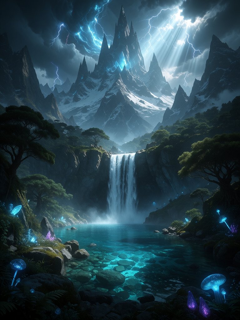 Epic ultra-detailed fantasy landscape,  towering jagged mountains with snow and glowing blue crystals,  massive waterfall...