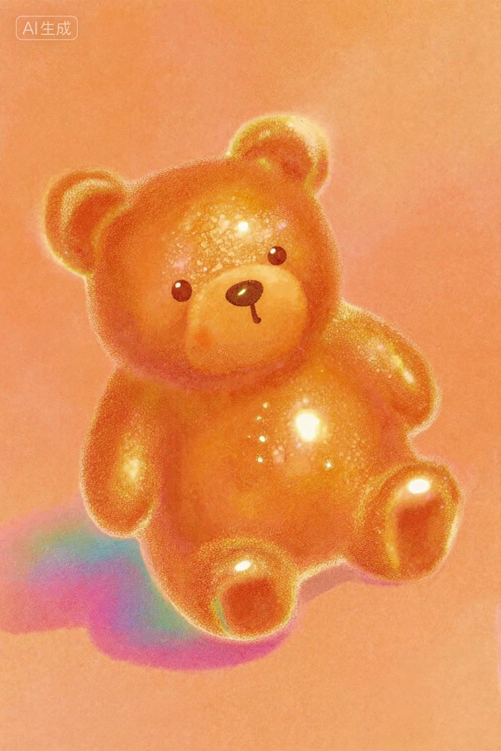 一张温馨可爱的插画,  背景是温暖的橙粉色,  画面中心是一只琥珀色的软糖小熊 by 小狗宾利 on Tensor.Art