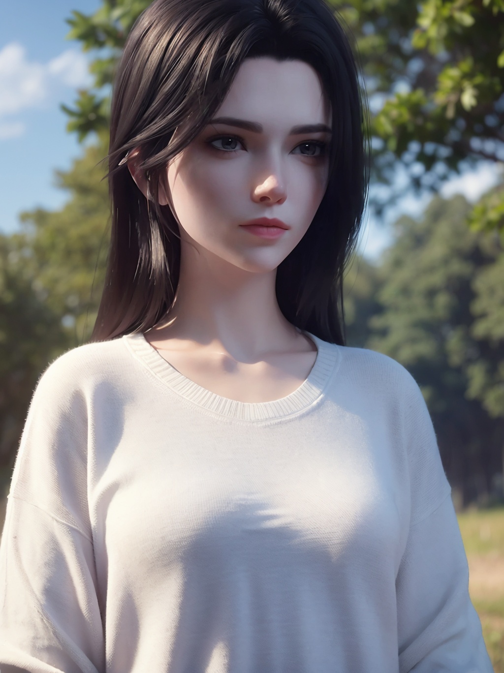 1girl,solo,closed mouth,((white sweater)),looking at viewer,outdoors,landscape,forest,sky,cloud,((upper body)),3d,game cg,Highly detailed,(best quality:1.5,masterpiece:1.5),<lora:20250113-1736790602743-000010:0.7>,xuanyi,