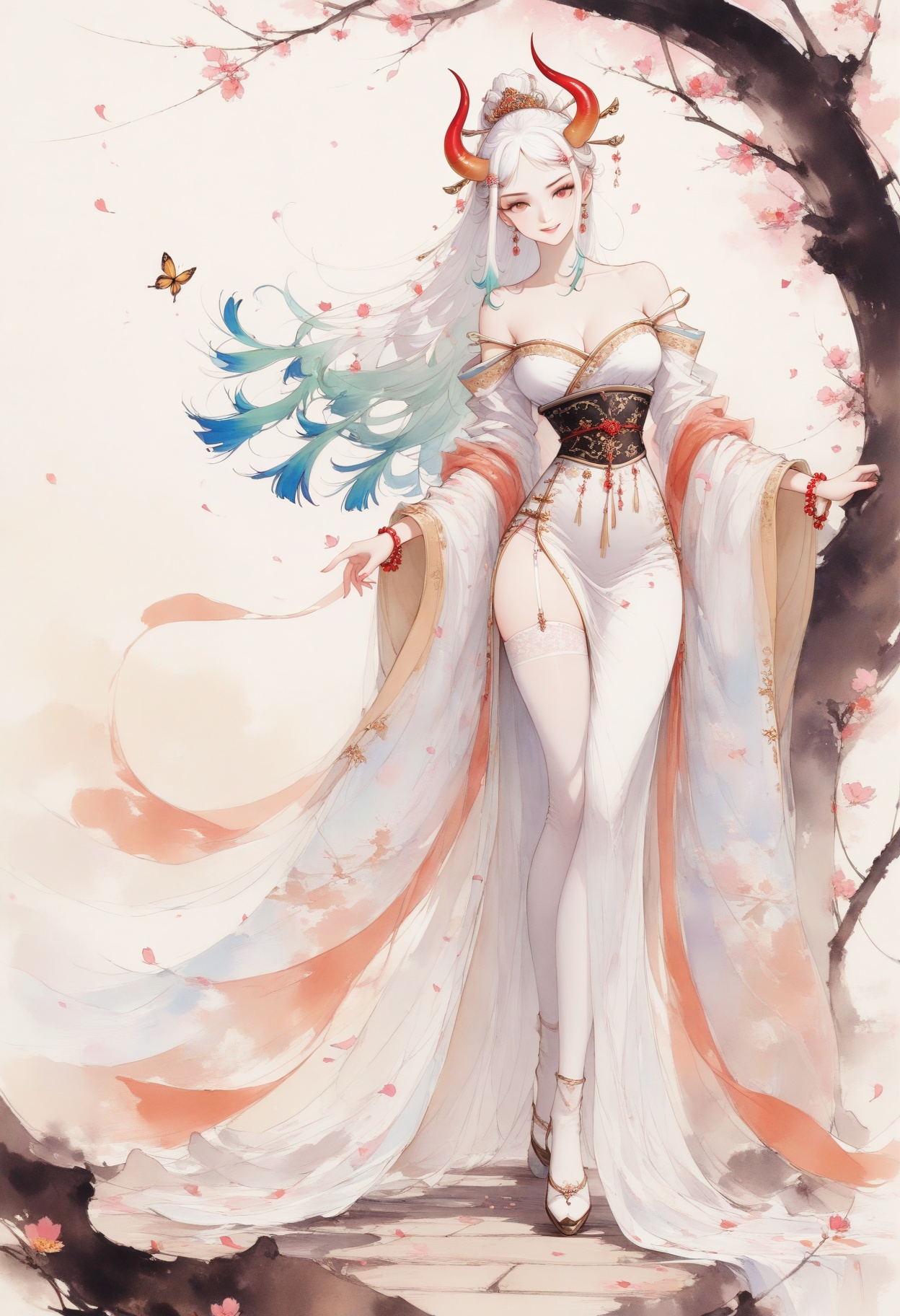 colorink,masterpiece,best quality,amazing quality,very aesthetic,sharp focus,high-end texture,(very awa,year 2024,newest,highres,absurdres),Yamato,Yamato\(one piece\),horns,multicolored hair, white hair,hair ornament,1girl,solo,long hair,narrow waist,long eyelashes,earring,smile,looking at viewer,lips,dress,seductive smile,parted lips,jewelry,hair clip,bracelet,hair ornament,flower,***,butterfly,falling petals,ace-trim,garter straps,full body,dynamic pose,(strap slip),off shoulder,long_sleeves,chinese_clothes,white hanfu,simple background,thighhighs,