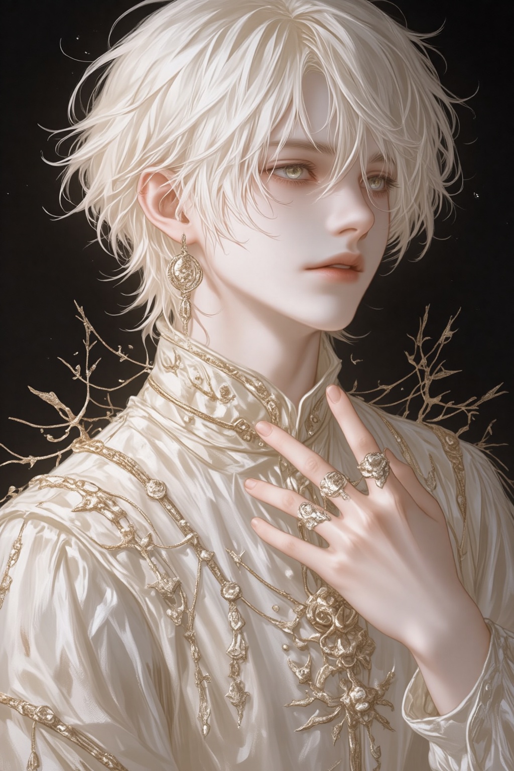 ZOZ_WEIMEIW,This is a highly detailed digital painting of a pale-skinned,androgynous figure with tousled platinum blonde hair,adorned with delicate,sparkling jewelry. The subject has striking,golden eyes and a contemplative expression,dressed in an ornate,cream-colored,embroidered garment. The background is dark,emphasizing the ethereal,almost otherworldly beauty of the subject.,