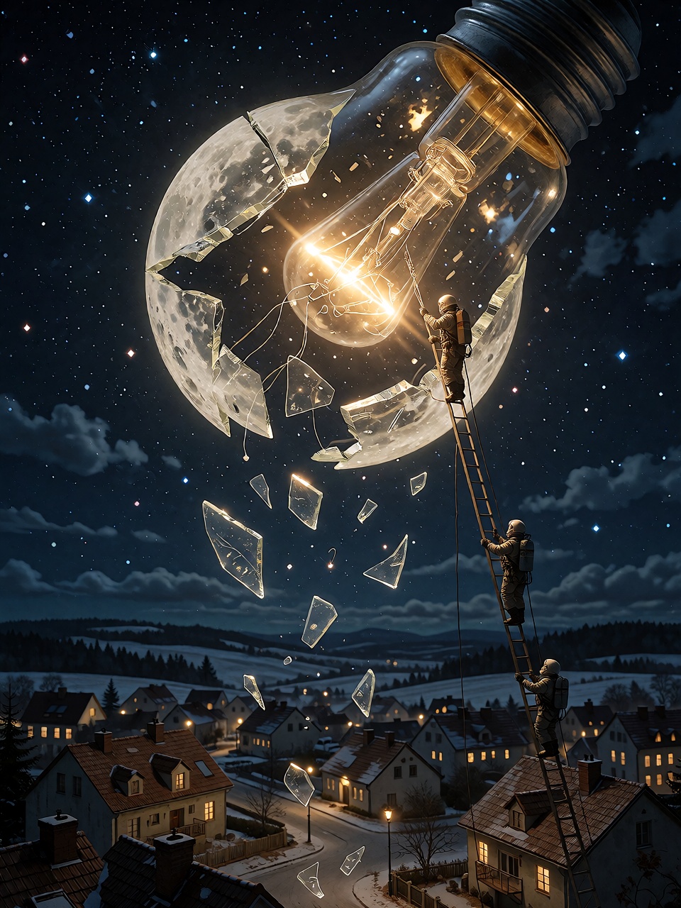 Night landscape over a sleeping suburban town. The full moon has shattered like a giant incandescent light bulb,  exposing...