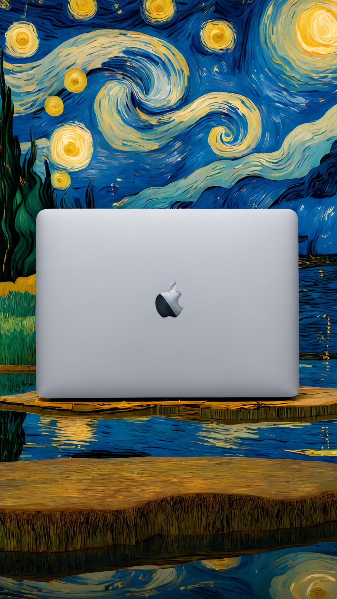 jistarrynight,product photograph,(A MacBook is displayed on a lake),van Gogh,Shooting from a far angle,<lora:jistarrynight V1.0:1>,