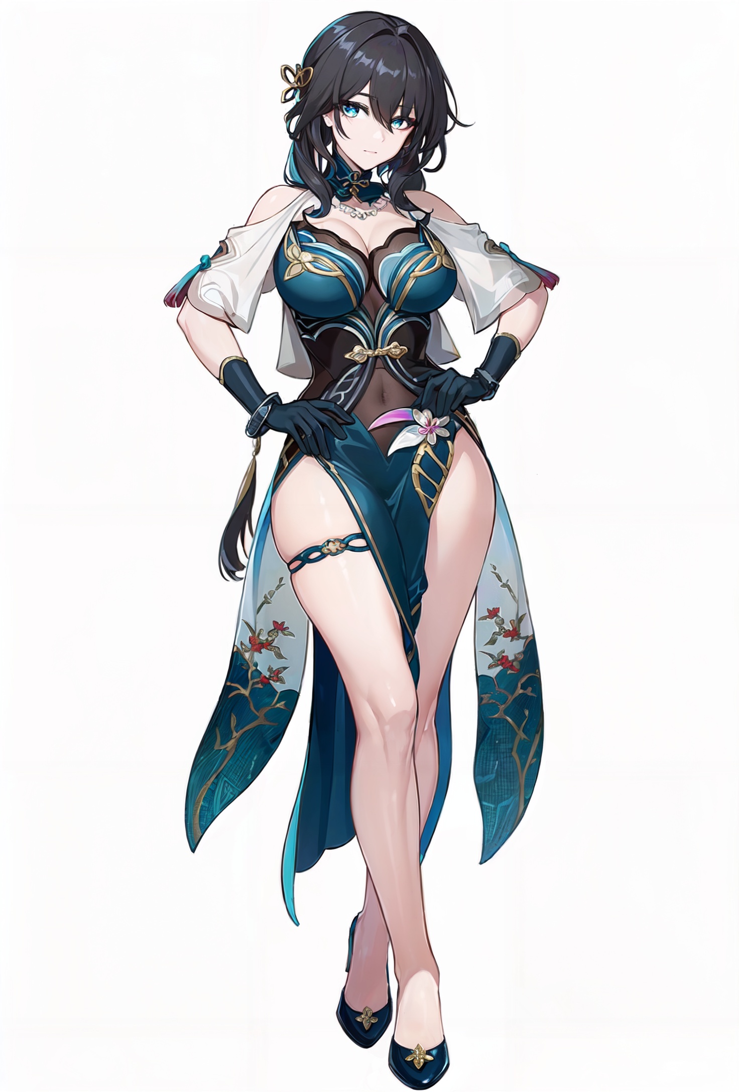8k, best quality, masterpiece, (ultra-detailed:1.1), (high detailed skin), (full body:1.2), white background, looking at viewer, (solo), hand on hip, <lora:ruanmei-v100-000029:0.8:lbw=OUTALL>, ruanmei, 1girl, gloves, blue eyes, black hair, dress, breasts, high heels, chinese clothes, (white background, simple background,:1.2), <lora:EnvyBetterHands LoCon_beta2 辅助:0.55>, ( good hands, nice hands:0.5), (beautiful_face), ((intricate_detail)), clear face, ((finely_detailed)), fine_fabric_emphasis, ((glossy)), full_shot