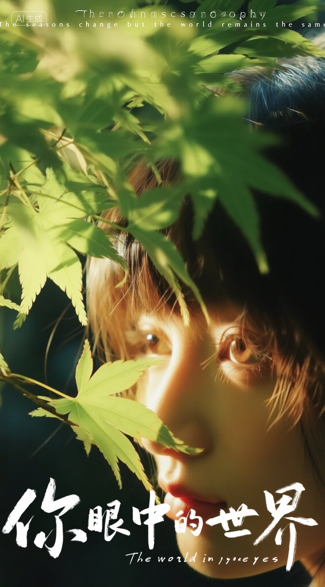 High-resolution film photography,High-resolution film photography,胶片摄影,女孩在绿色树叶的树下,看着镜头,特写摄影,下方区域手写白色大字体写着"你眼中的世界",最下方则是英文小字写着"The world in your eyes",画面最上方一排写着"The seasons change but the world remains the same",, Negative prompt: ng_deepnegative_v1_75t,(badhandv4:1.2),EasyNegative,(worst quality:2),,nsfw, Steps: 30, Sampler: Euler, CFG scale: 4.0, Seed: 1715831772, Size: 1142x2048, Model hash: 9768b098f7, Model: ZOZ_v1.0.safetensors, Denoising strength: 0, RNG: CPU, Lora 1: Qwen&F.1_胶片摄影_电影镜头, Lora Hash 1: c6a415b282, Lora Weight 1: 0.9, vae_name: automatic