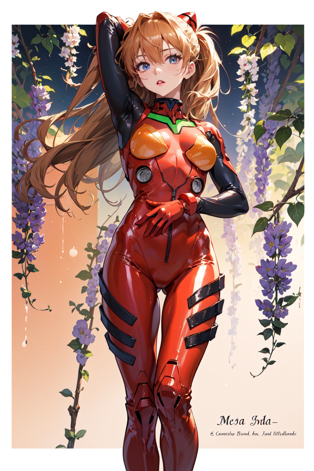 <lora:Asuka-000018:0.8>,Asuka CYQL,1girl,looking at viewer,solo,long hair,blue eyes,interface headset,brown hair,orange hair,hair between eyes,two side up,medium breasts,(Asuka Red,plugsuit,bodysuit,red bodysuit,floating hair,skin tight,long legs,two-tone sleeves),(smirk:1.2),beautiful face,beautiful eyes,glossy skin,shiny skin,(portrait,from_below,seiza:1.2),arms around neck,Autumn, Foliage, River, Reflection, Colors, Trees, Serenity, Beauty,wisteria,hibiscus,beautiful detailed sky,beautiful detailed glow,(English text:1.3),(border:1.5),posing in front of a colorful and dynamic background,(masterpiece, best quality, beautiful and aesthetic:1.3),contrapposto,female focus,fine fabric emphasis,wallpaper,fashion,Lipstick,depth of field,intricate_detail,finely_detailed,fine_fabric_emphasis,(glossy),<lora:增强减少细节add_detail:0.3>,