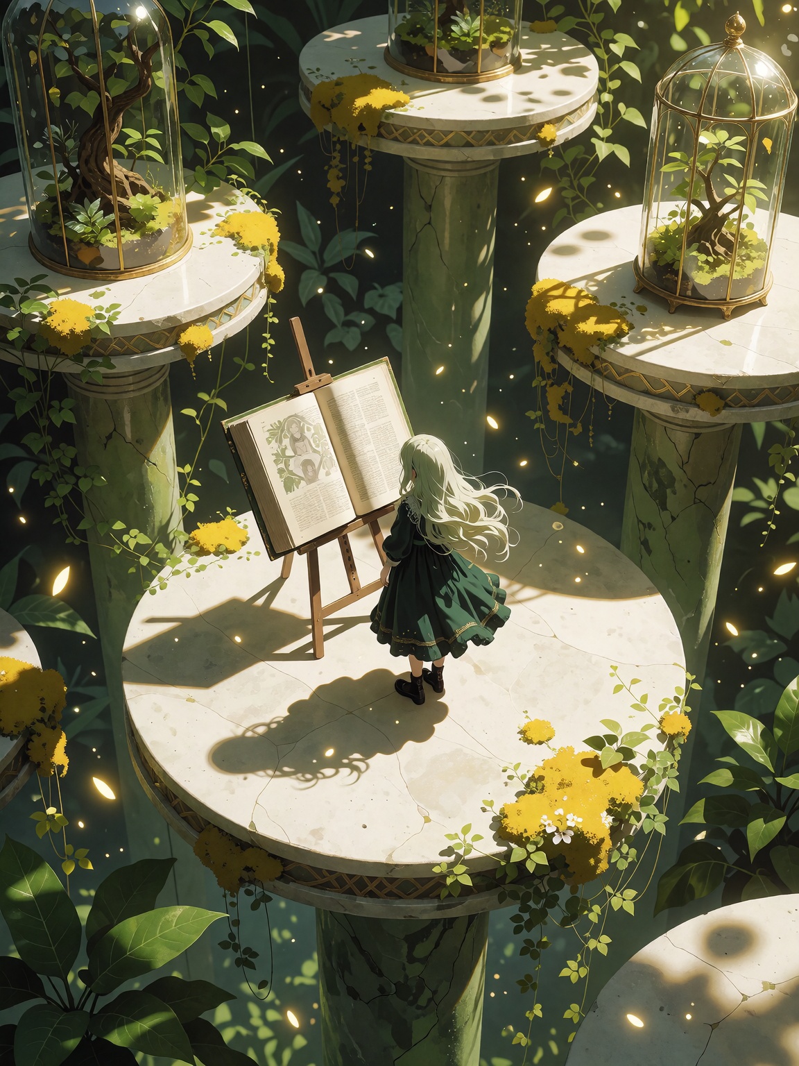 high-angle fantasy illustration,  girl with flowing pale hair in a dark green dress on a giant white circular platform,  f...
