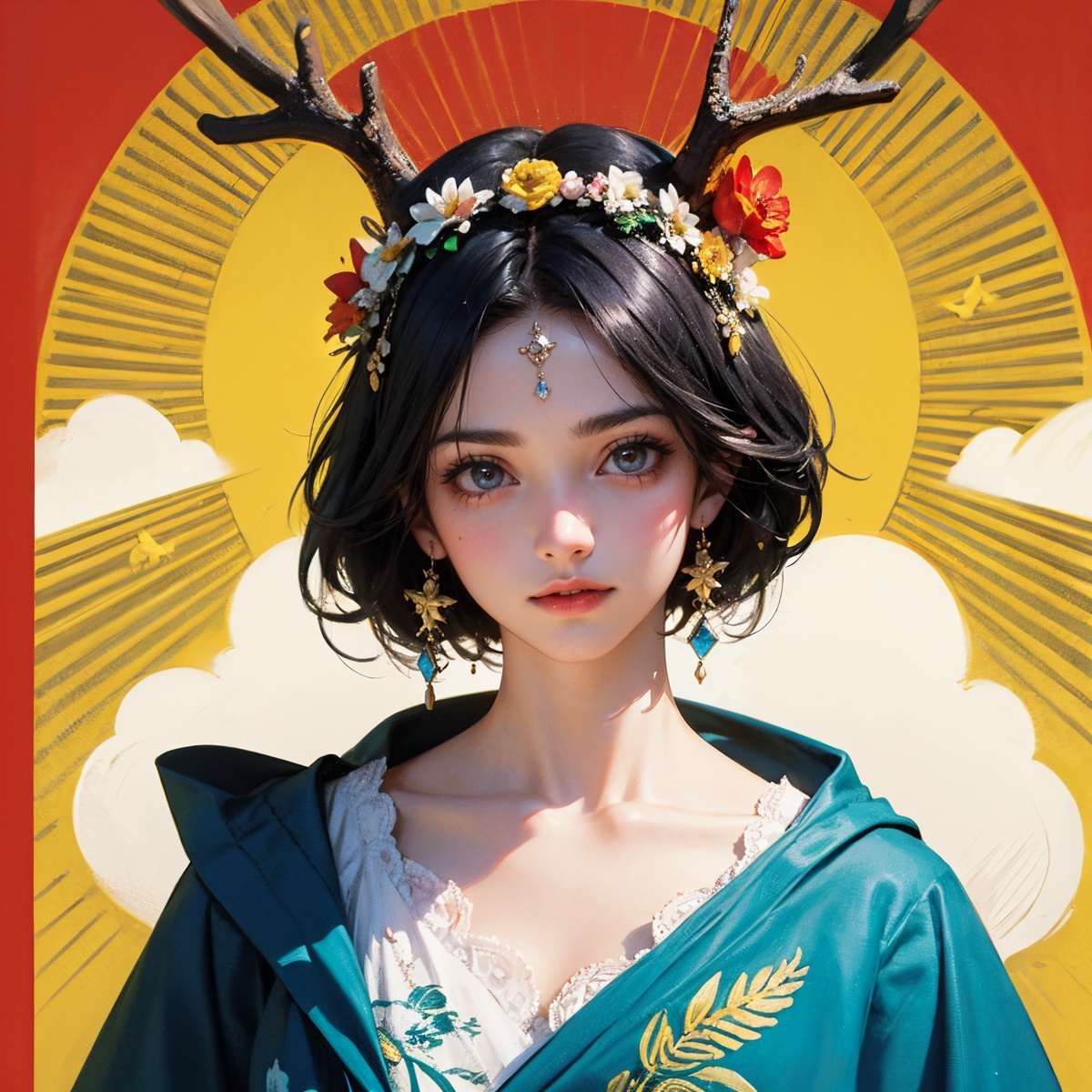 flower,cloud,sun,(headpiece),bird,((Realistic Style,)),best quality,(red:1.5),(bright yellow:1.2),(BRIGHT BLUE:1.3),pattern,retro pattern,flower and bird pattern,(shape background),fan,(hillock pattern),bird,retroflex pattern,antlers,