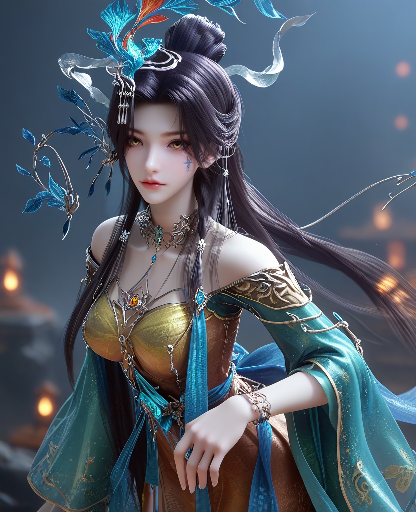 (Leaning forward, her fingers lightly playing with a lock of hair, she emanates a playful flirtation:1.1),(large breasts:1.2),<lora:XL16云深不知梦羲和风华服:0.95>,miss xihe,orange dress with blue train,yellow eyes,facial mark,black hair,absurdly long hair,traditional chinese updo with long front strands,hair ornament,jewelry,sash,blue sheer overskirt,cerulean wide flowing sleeves,, score_9,score_8_up,score_7_up,score_6_up,score_5_up,score_4_up,3d rendering,tag1,tag2, Cinematic Lighting,backlighting,