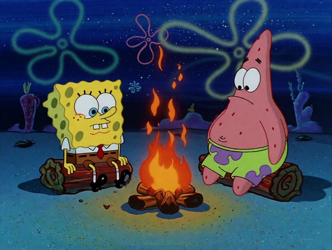 Spongebob and patrick are seated around a campfire. spooked expression on their faces. on Tensor.Art