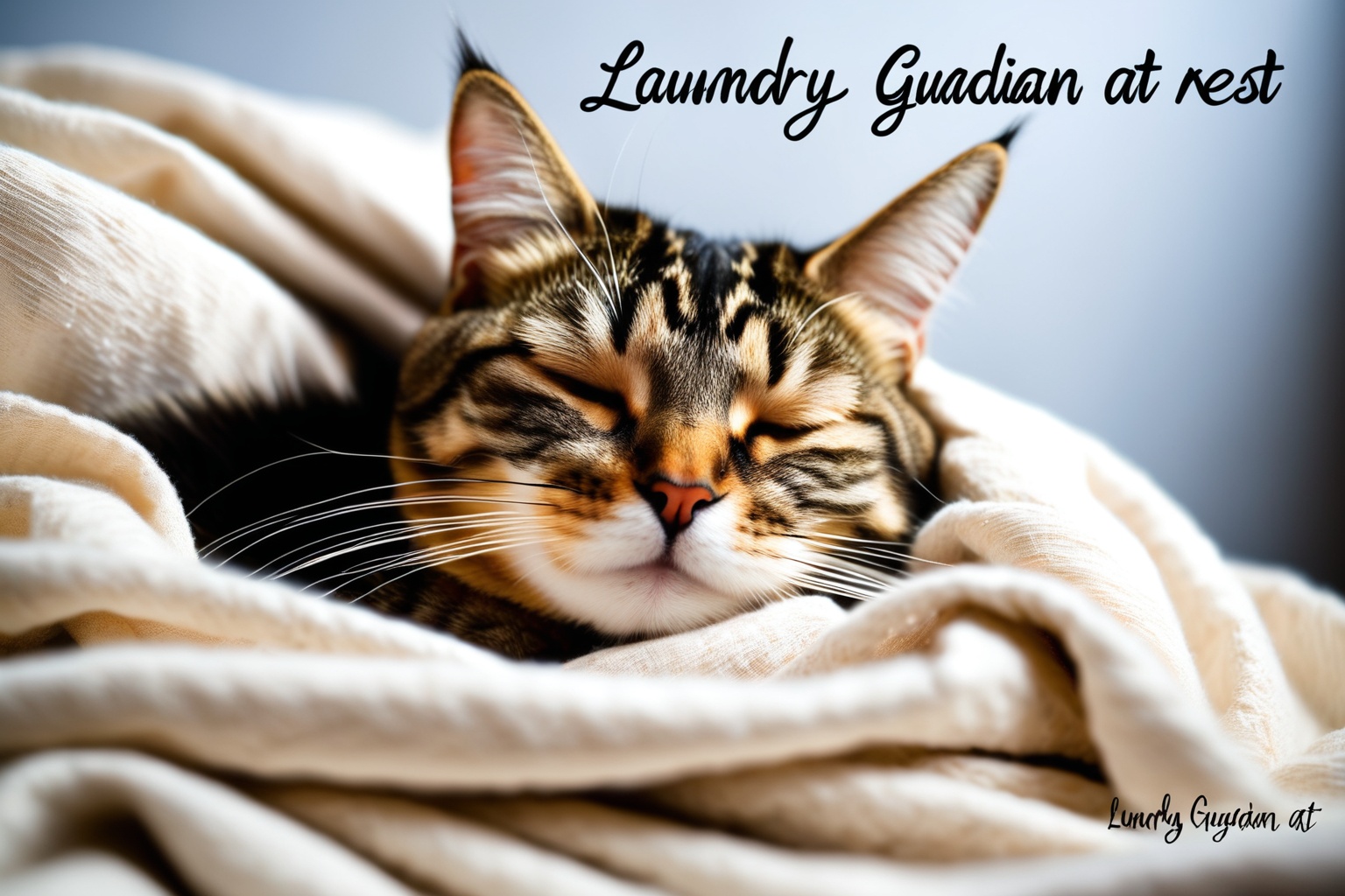 A picture of a cat sleeping in a pile of unfolded laundry with the text: "Laundry guardian at rest." on Tensor.Art